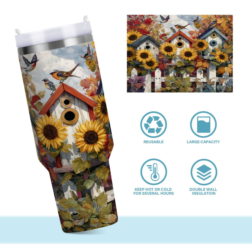 30 oz Insulated Stainless Steel Tumbler Double Wall Stainless Steel Tumbler with 2-Way Drinking Birdhouses with Sunflowers Edition-J0AS