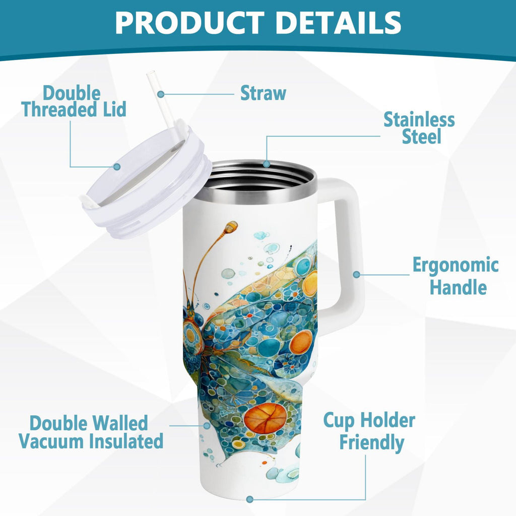 40 oz Insulated Stainless Steel Tumbler Double Wall Stainless Steel Tumbler with 2-Way Drinking Intricately Butterfly Edition-TOOC