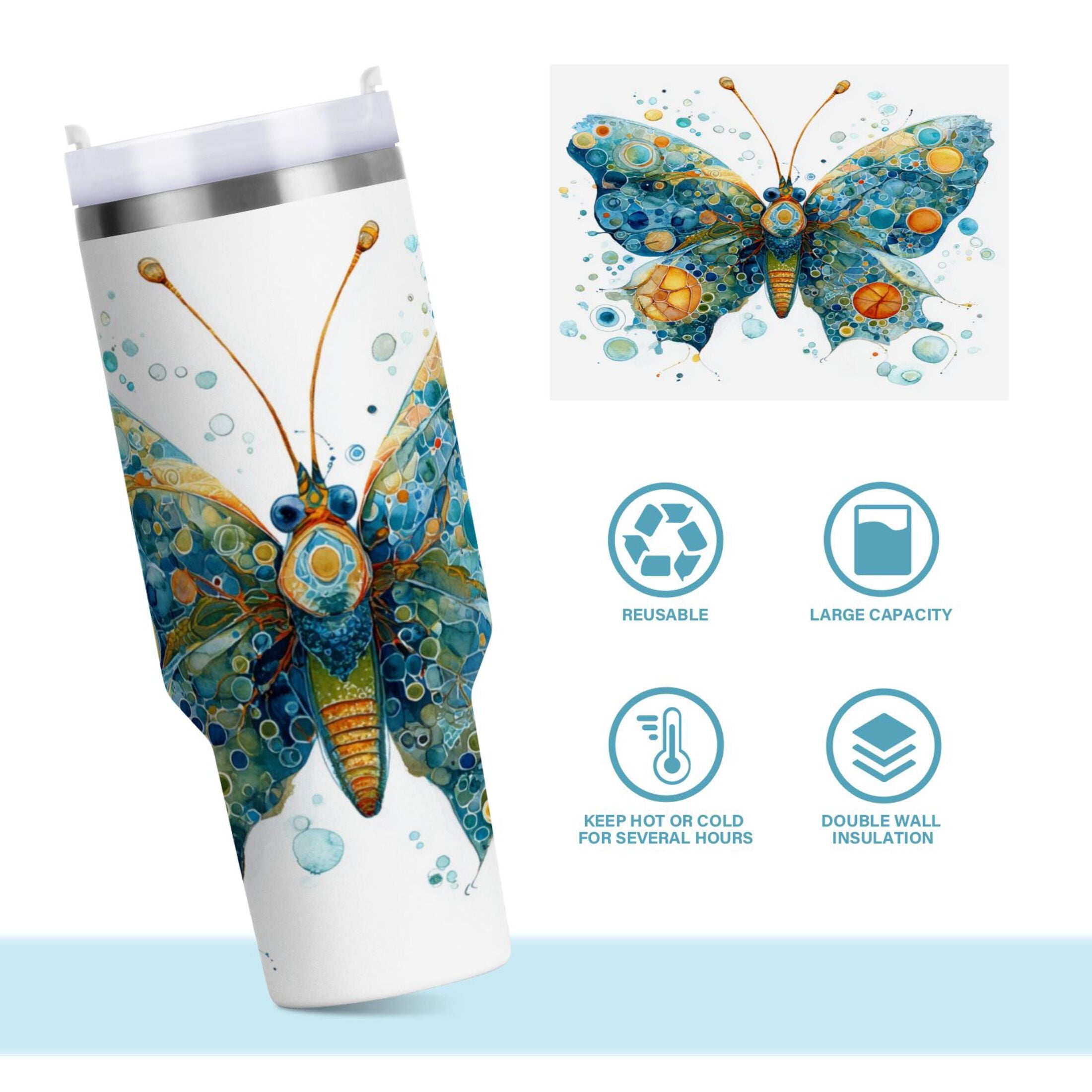 40 oz Insulated Stainless Steel Tumbler Double Wall Stainless Steel Tumbler with 2-Way Drinking Intricately Butterfly Edition-TOOC