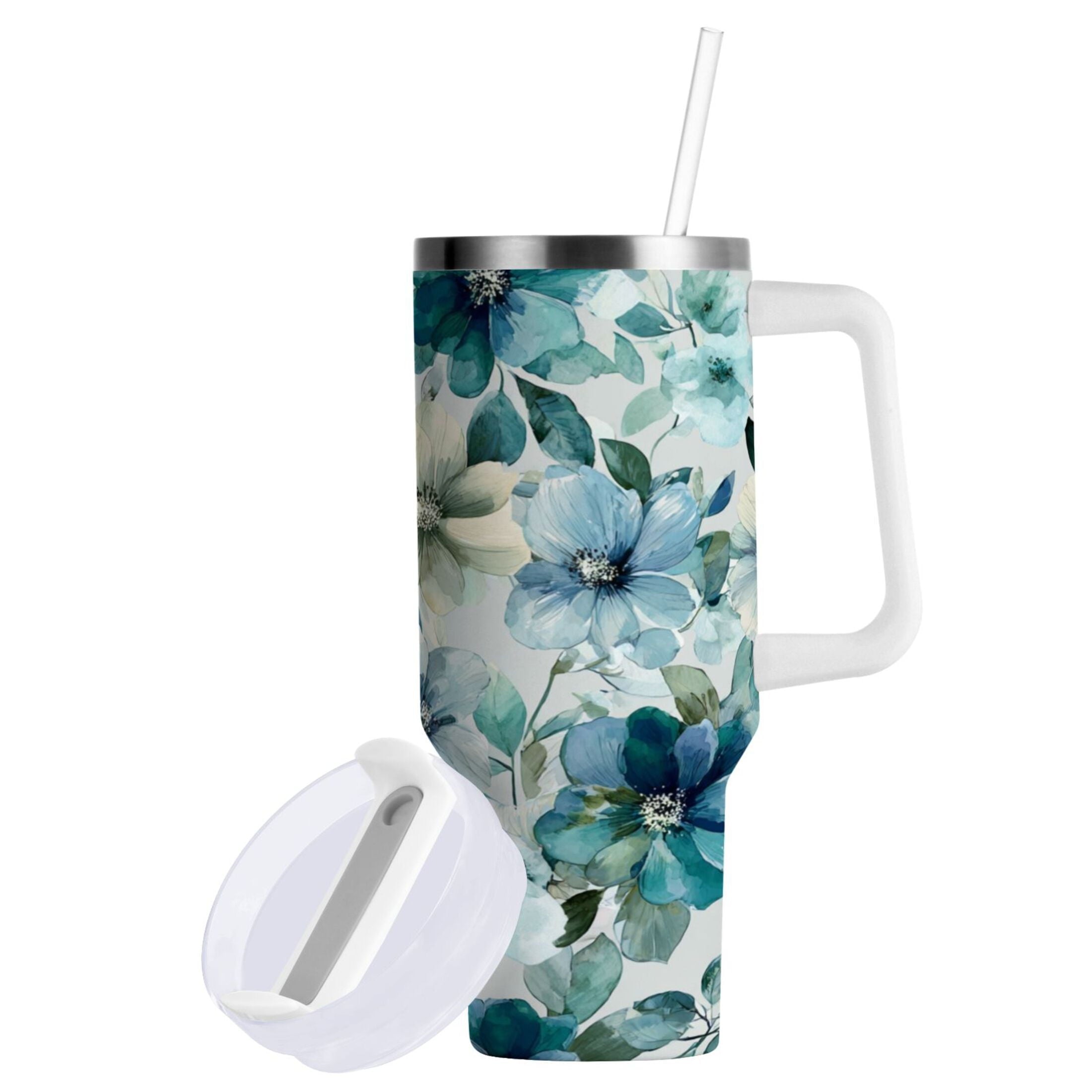 30 oz Insulated Stainless Steel Tumbler Double Wall Stainless Steel Tumbler with 2-Way Drinking Blue and Green Flowers Edition-80FH