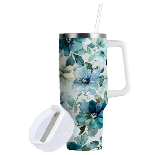 30 oz Insulated Stainless Steel Tumbler Double Wall Stainless Steel Tumbler with 2-Way Drinking Blue and Green Flowers Edition-80FH