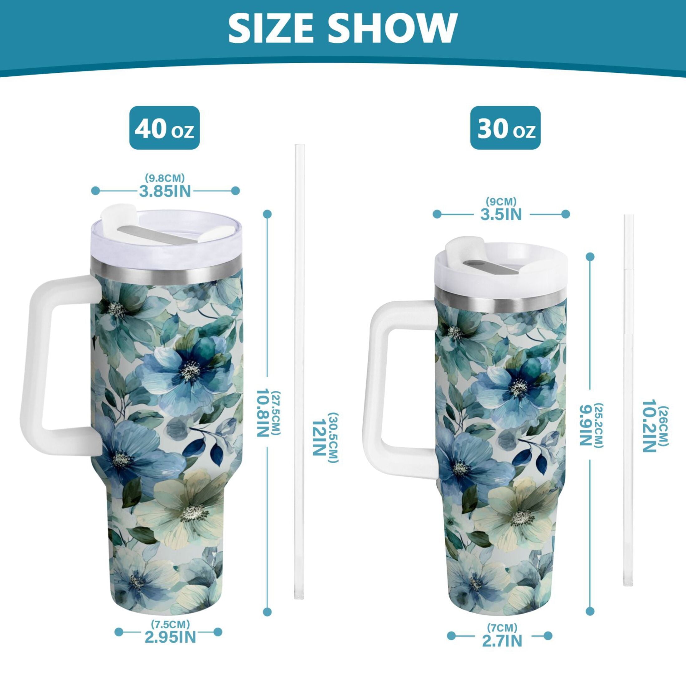 30 oz Insulated Stainless Steel Tumbler Double Wall Stainless Steel Tumbler with 2-Way Drinking Blue and Green Flowers Edition-80FH