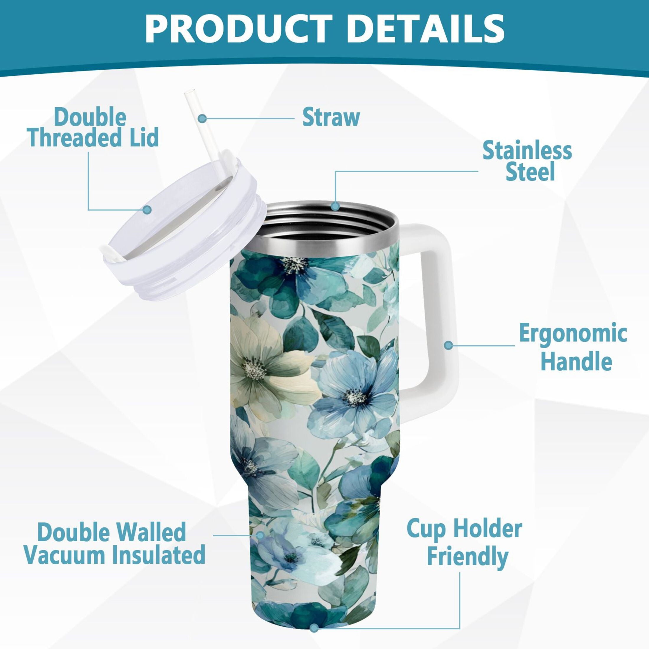 30 oz Insulated Stainless Steel Tumbler Double Wall Stainless Steel Tumbler with 2-Way Drinking Blue and Green Flowers Edition-80FH