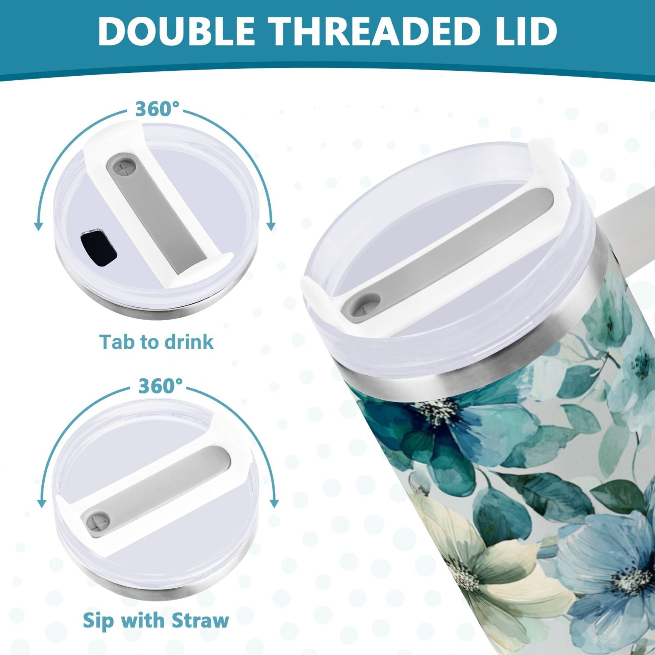 30 oz Insulated Stainless Steel Tumbler Double Wall Stainless Steel Tumbler with 2-Way Drinking Blue and Green Flowers Edition-80FH