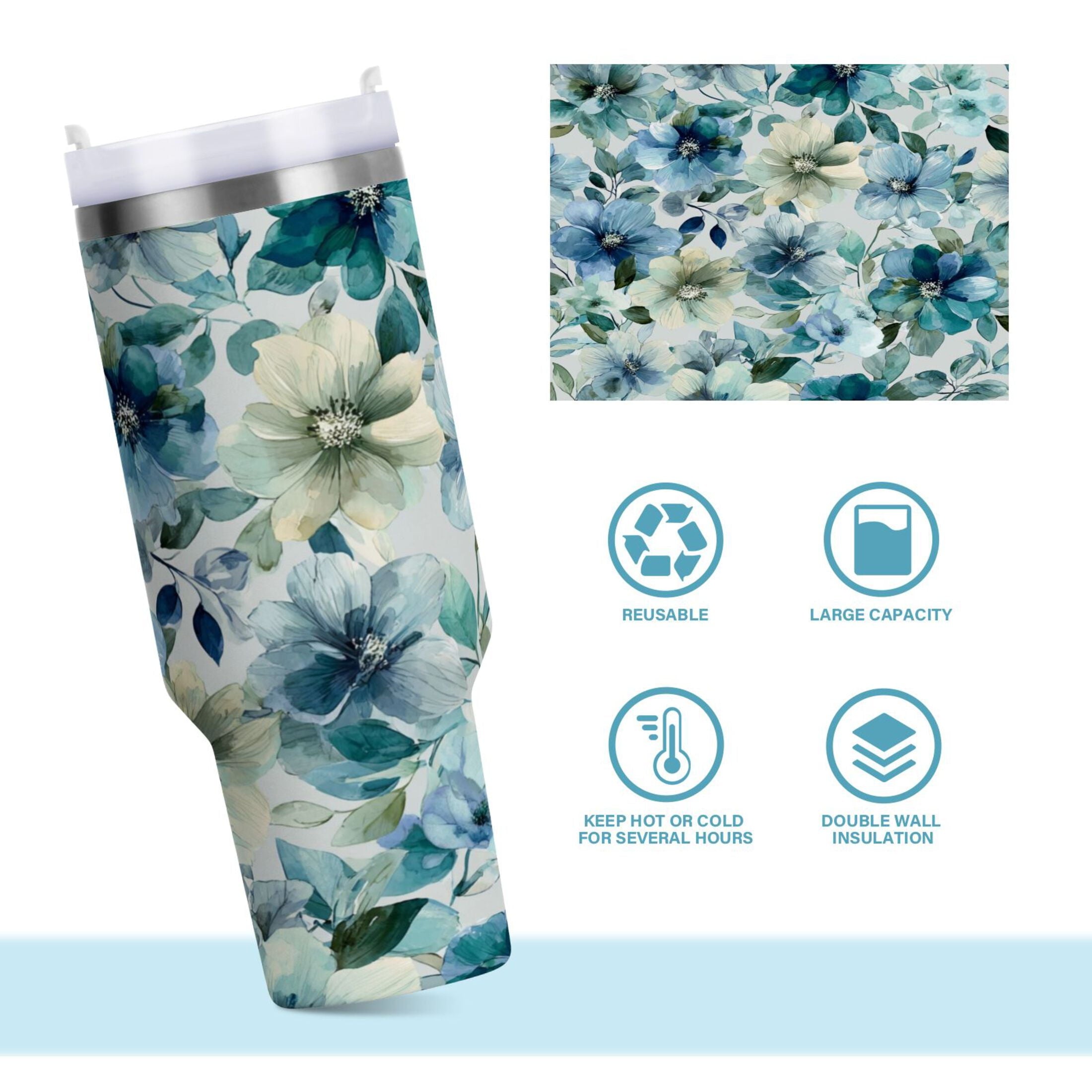 30 oz Insulated Stainless Steel Tumbler Double Wall Stainless Steel Tumbler with 2-Way Drinking Blue and Green Flowers Edition-80FH