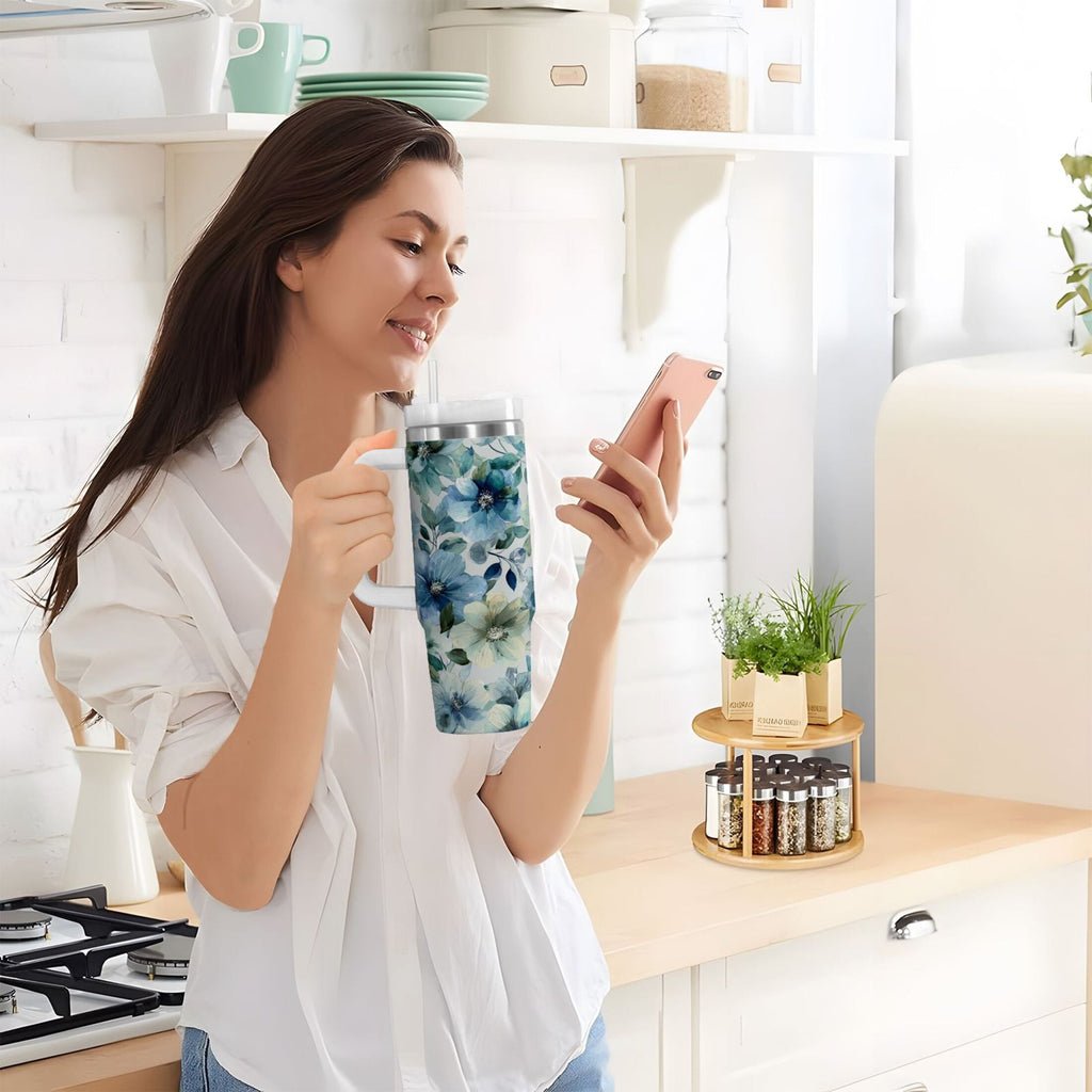 30 oz Insulated Stainless Steel Tumbler Double Wall Stainless Steel Tumbler with 2-Way Drinking Blue and Green Flowers Edition-80FH