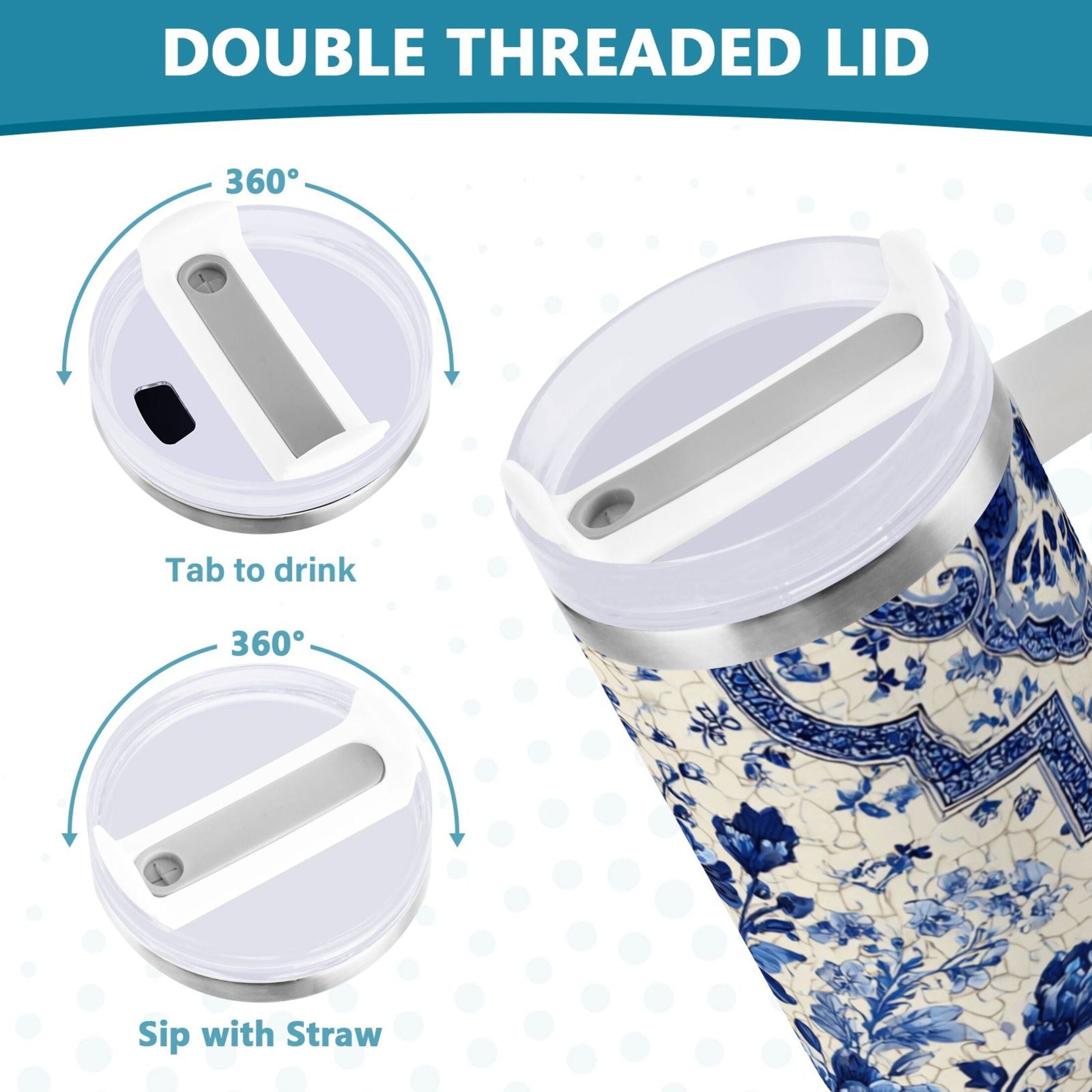 30 oz Insulated Stainless Steel Tumbler Double Wall Stainless Steel Tumbler with 2-Way Drinking Blue and White Porcelain-style Edition-QSUP