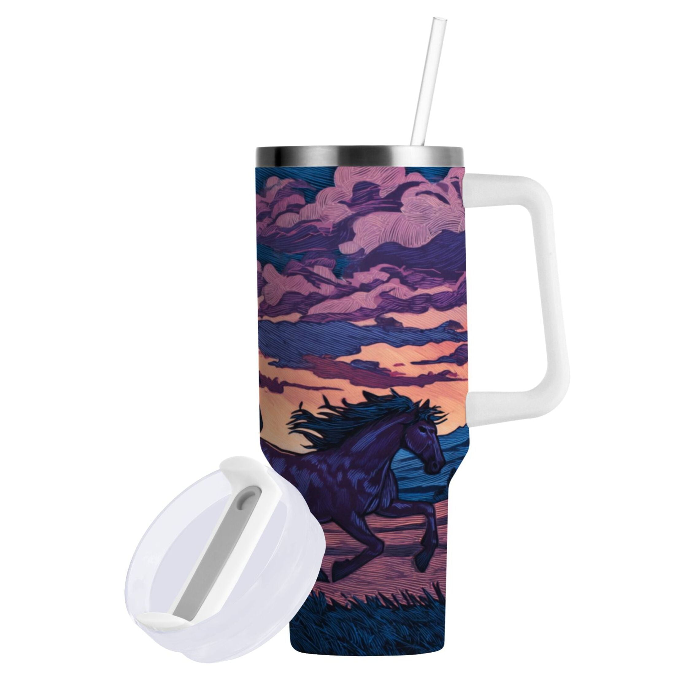 40 oz Insulated Stainless Steel Tumbler Double Wall Stainless Steel Tumbler with 2-Way Drinking Wild Horses Running Edition-VW8K