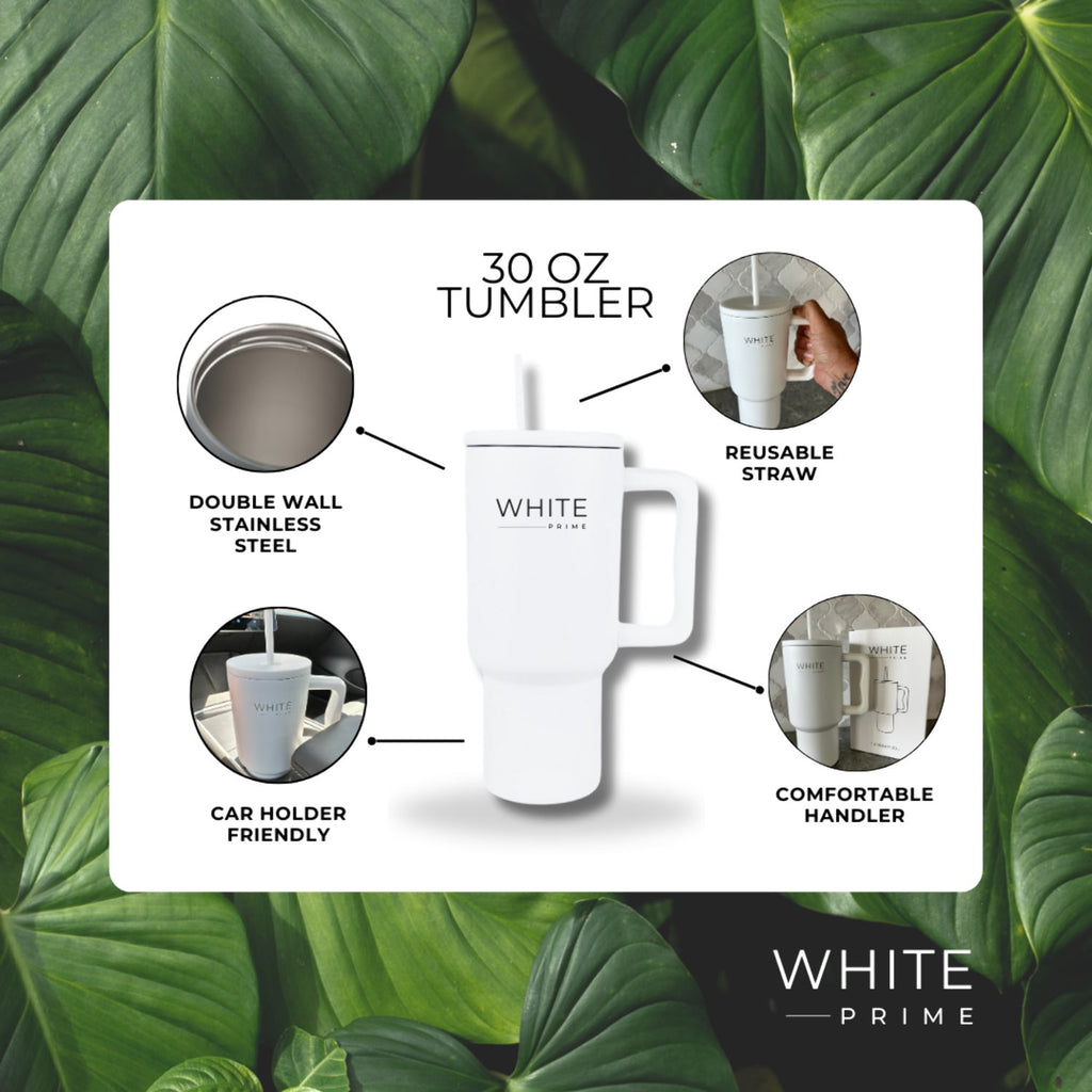 Tumbler 30 oz – Stainless Steel Cup with Handle and Lid | White Prime Edition-8ZVY