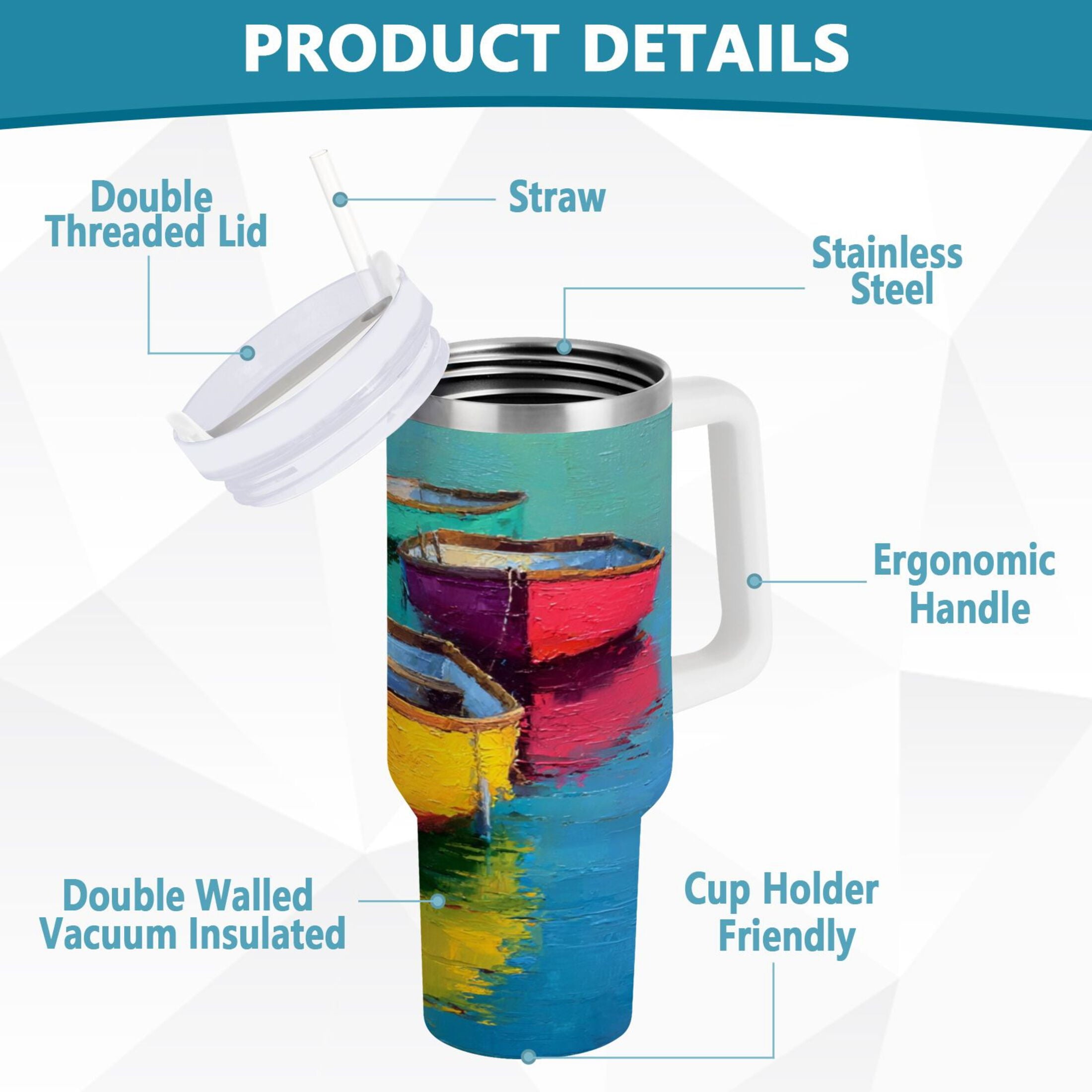 30 oz Insulated Stainless Steel Tumbler Double Wall Stainless Steel Tumbler with 2-Way Drinking Colorful Row Boats Edition-LMTC