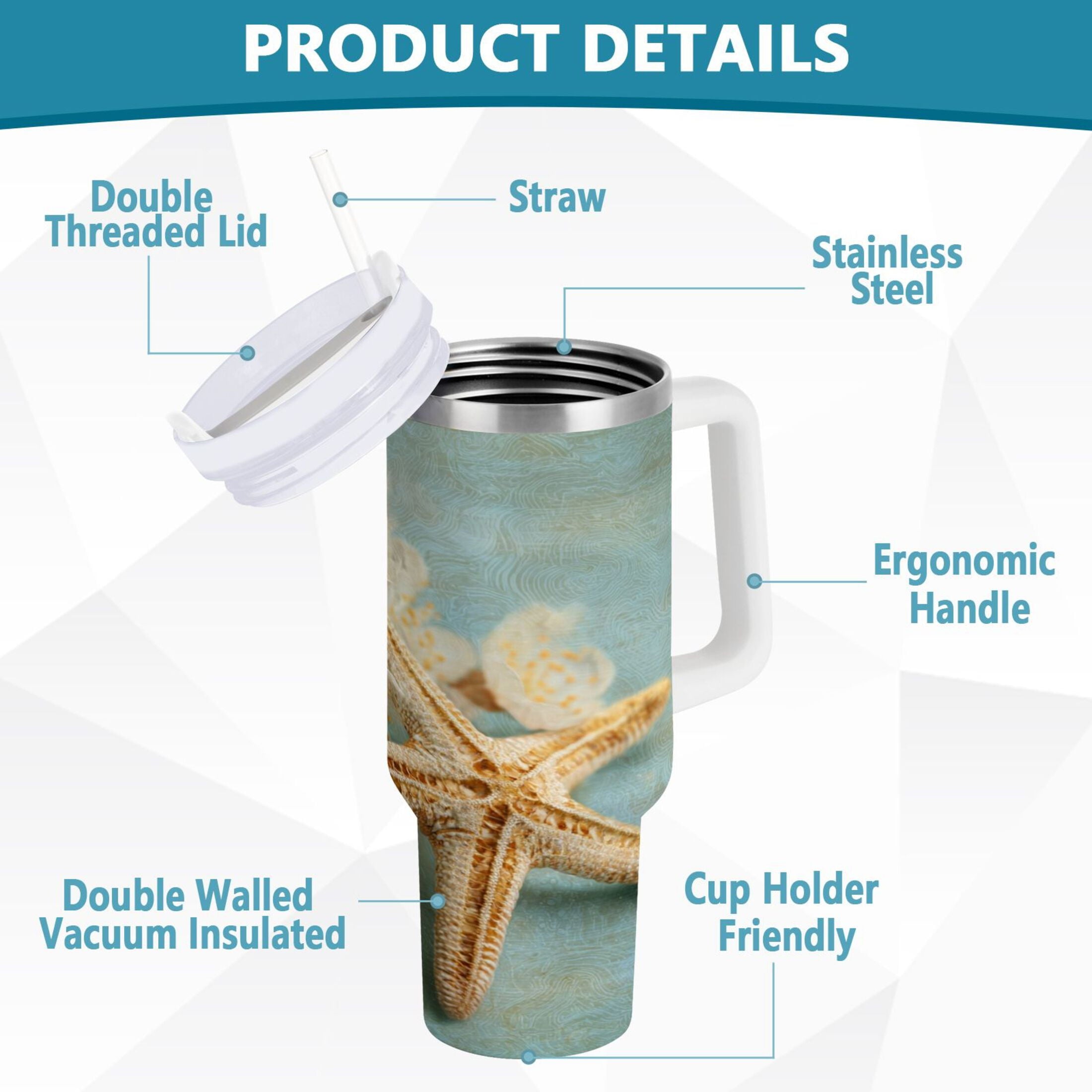 30 oz Insulated Stainless Steel Tumbler Double Wall Stainless Steel Tumbler with 2-Way Drinking Starfish with Flowers Edition-4G0S
