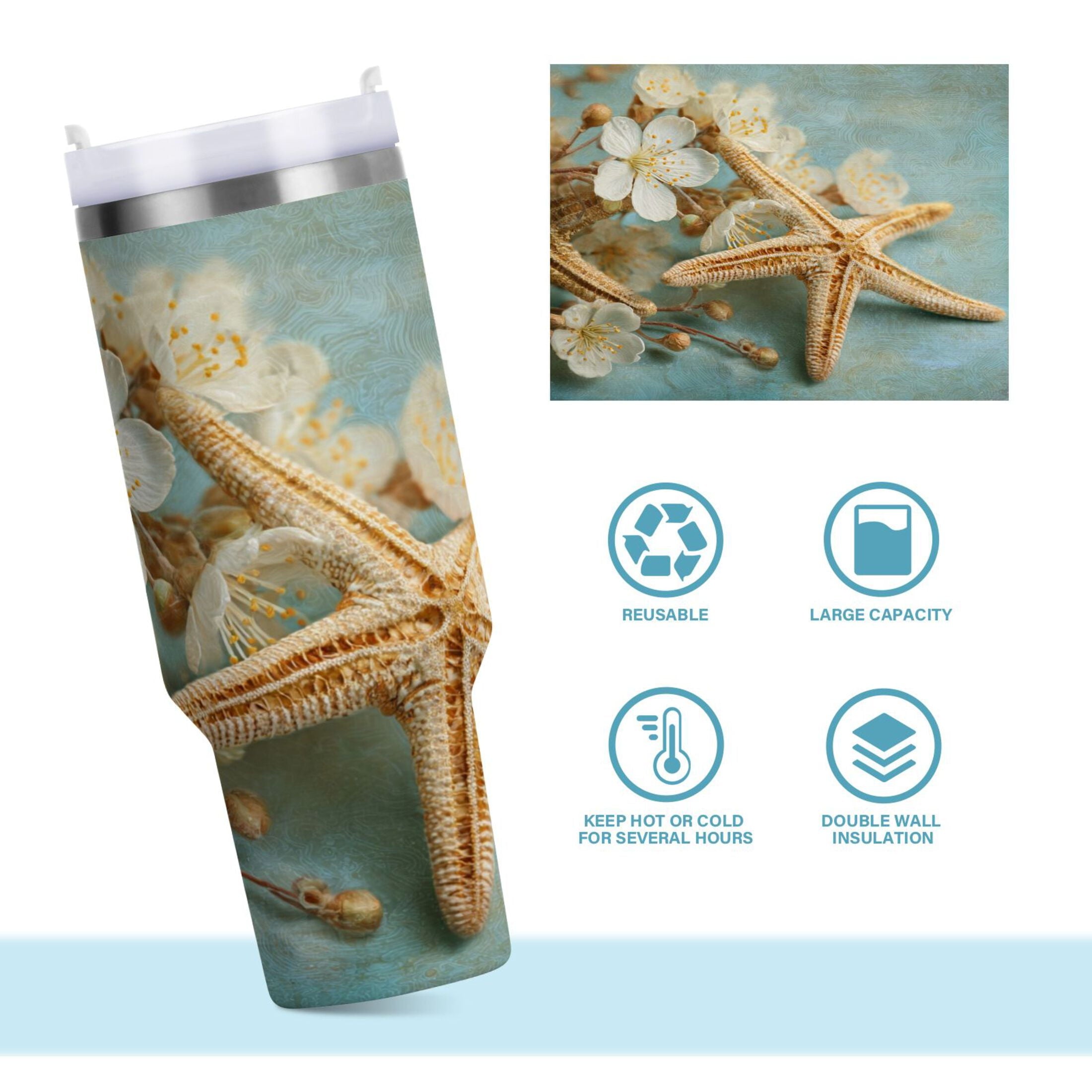 30 oz Insulated Stainless Steel Tumbler Double Wall Stainless Steel Tumbler with 2-Way Drinking Starfish with Flowers Edition-4G0S