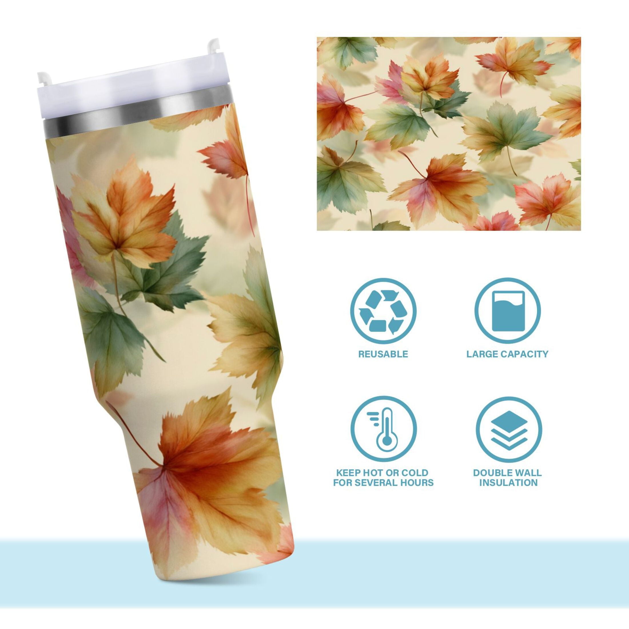 40 oz Insulated Stainless Steel Tumbler Double Wall Stainless Steel Tumbler with 2-Way Drinking Watercolor Maple Leaves Pattern Edition-I5IS