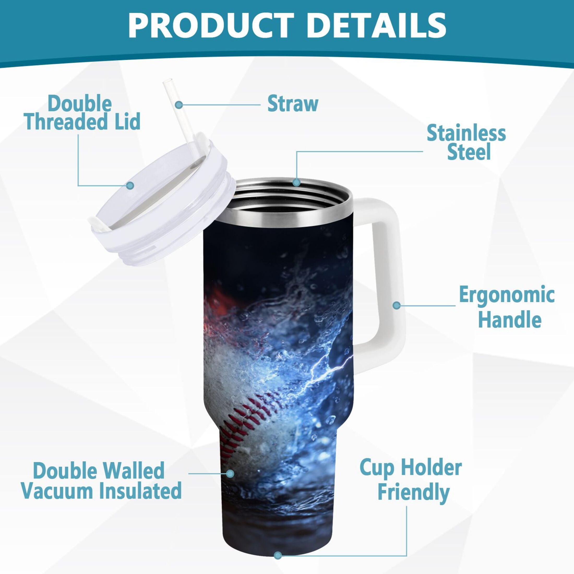 40 oz Insulated Stainless Steel Tumbler Double Wall Stainless Steel Tumbler with 2-Way Drinking Baseball with Water and Fire Edition-EUOP