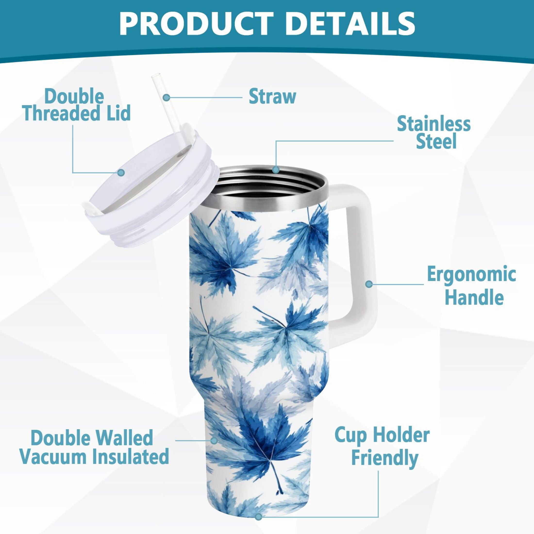 30 oz Insulated Stainless Steel Tumbler Double Wall Stainless Steel Tumbler with 2-Way Drinking Abstract Blue Maple Leaves Edition-19WP