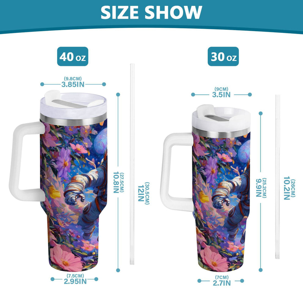 40 oz Insulated Stainless Steel Tumbler Double Wall Stainless Steel Tumbler with 2-Way Drinking Astronaut and Colorful Flowers Edition-L6AF