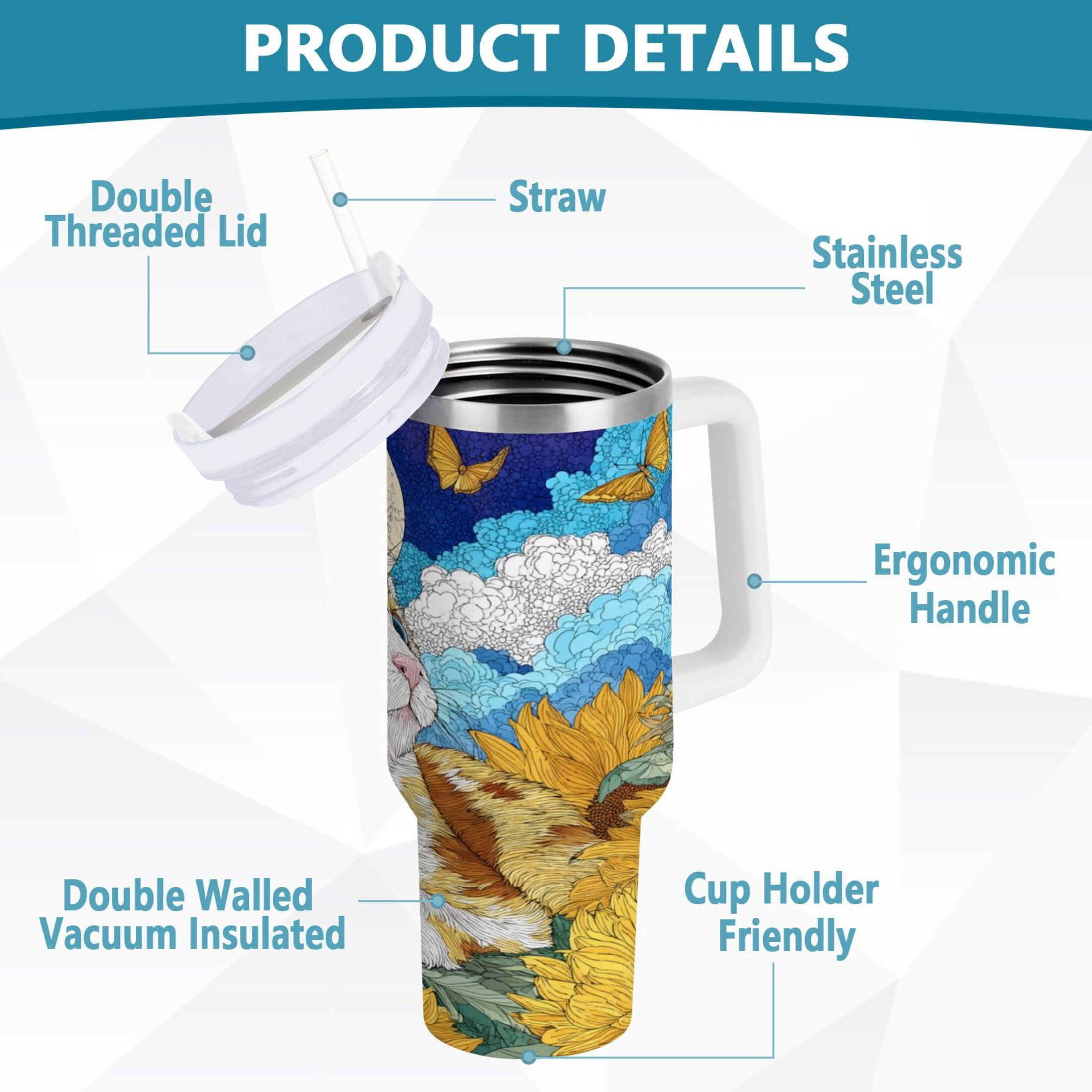 40 oz Insulated Stainless Steel Tumbler Double Wall Stainless Steel Tumbler with 2-Way Drinking Cat Lies in The Sunflowers Edition-9NA2