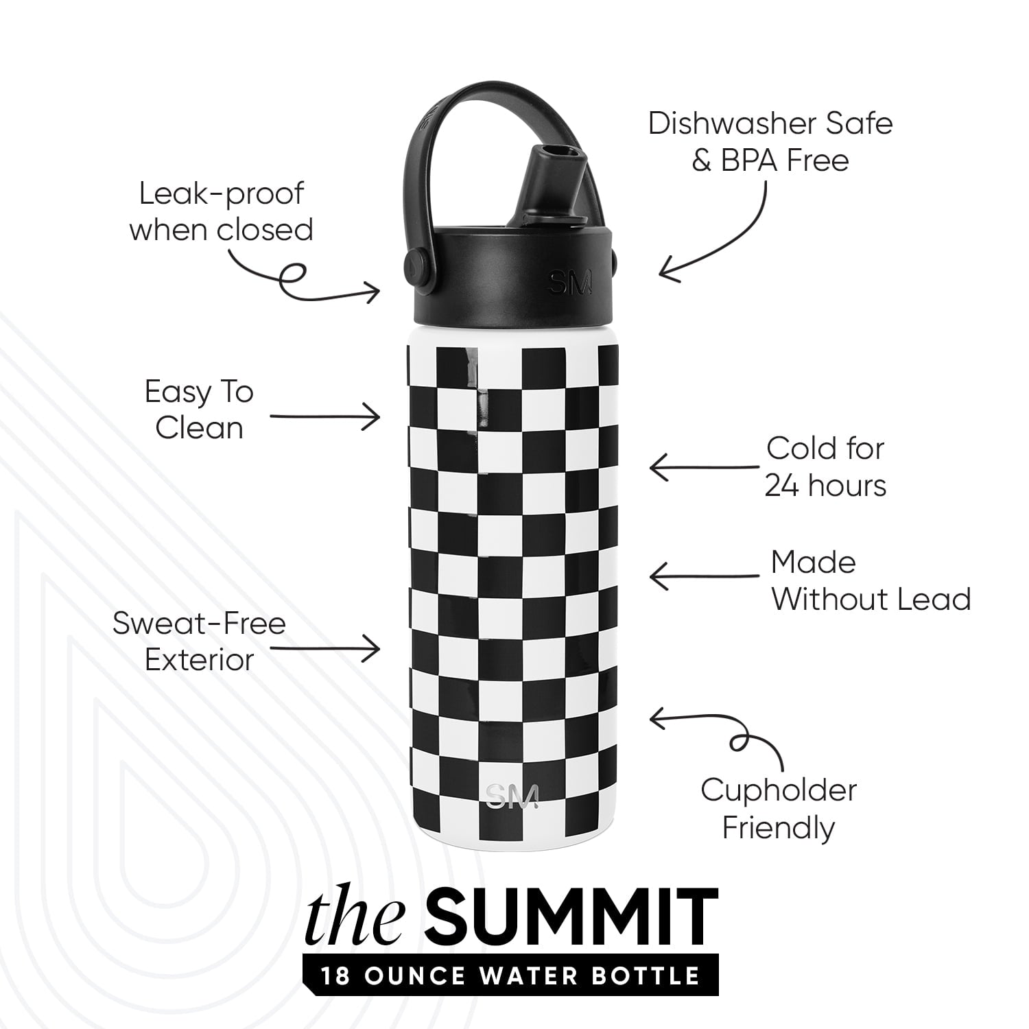 Simple Modern 18 fl oz Insulated Stainless Steel Summit Wide Mouth Water Bottle with Handle and Straw Lid|Black and White Checkmate Edition-7ZAM