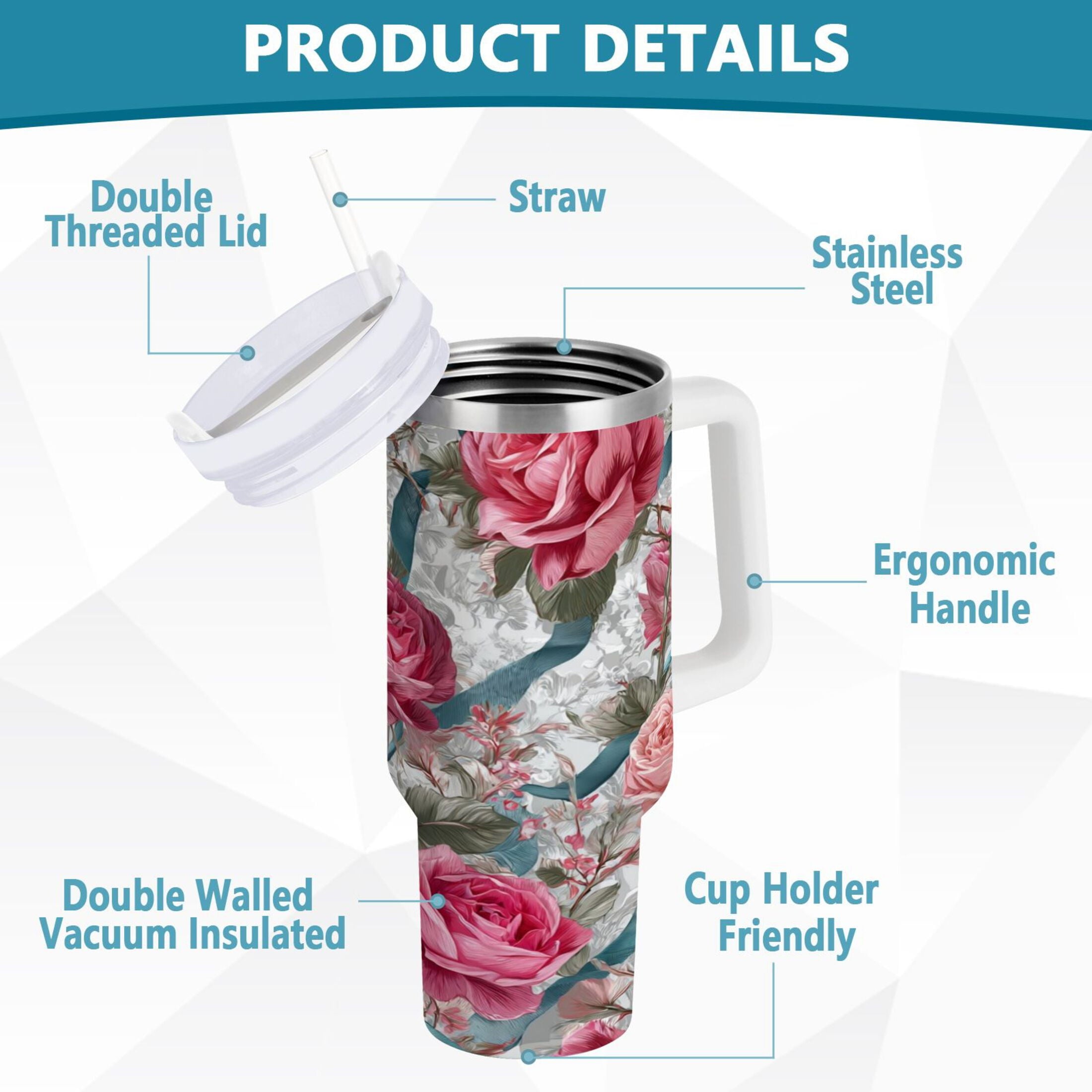 30 oz Insulated Stainless Steel Tumbler Double Wall Stainless Steel Tumbler with 2-Way Drinking Roses and Ribbons Edition-JE1H