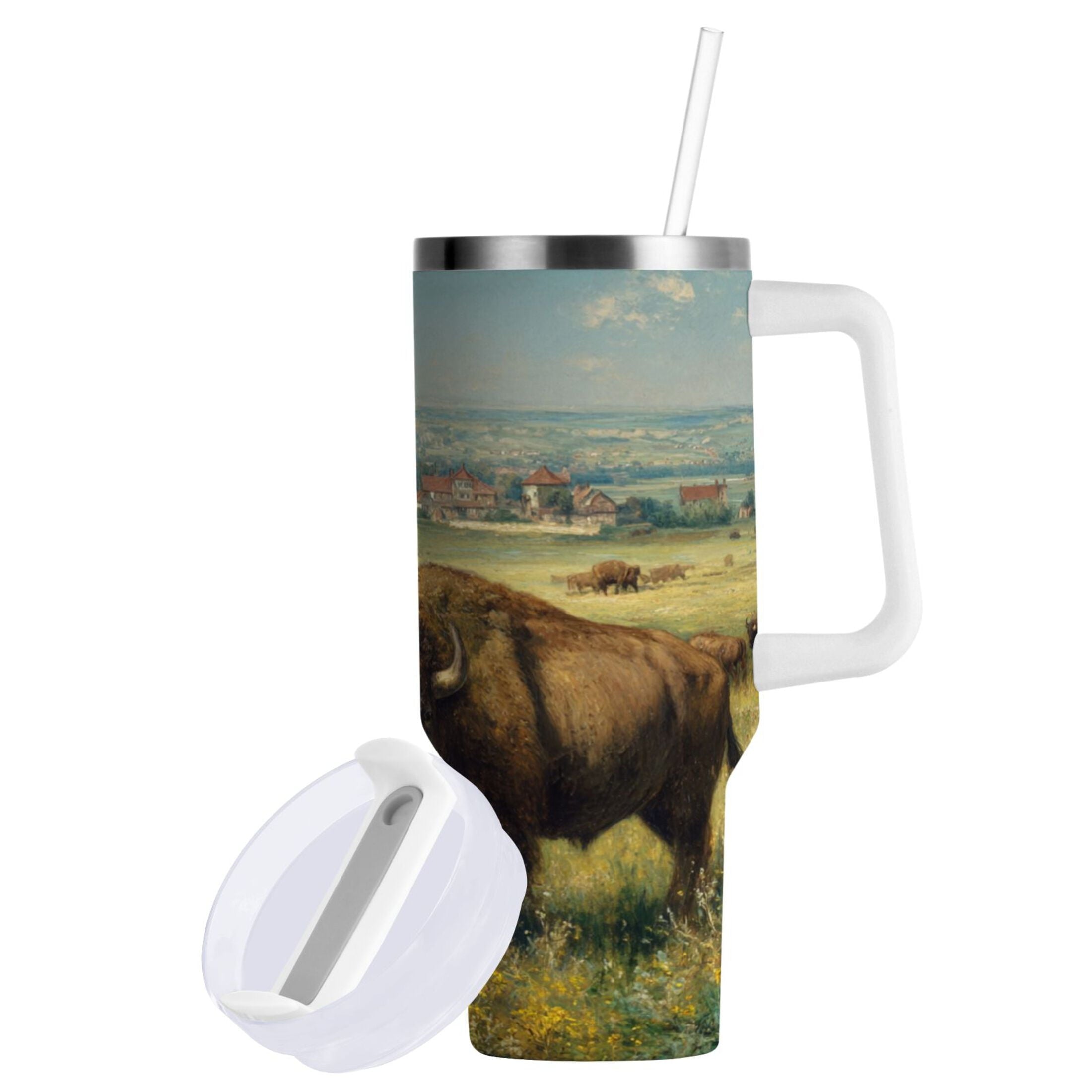 30 oz Insulated Stainless Steel Tumbler Double Wall Stainless Steel Tumbler with 2-Way Drinking Buffalo Herd Oil Painting Edition-SWI2