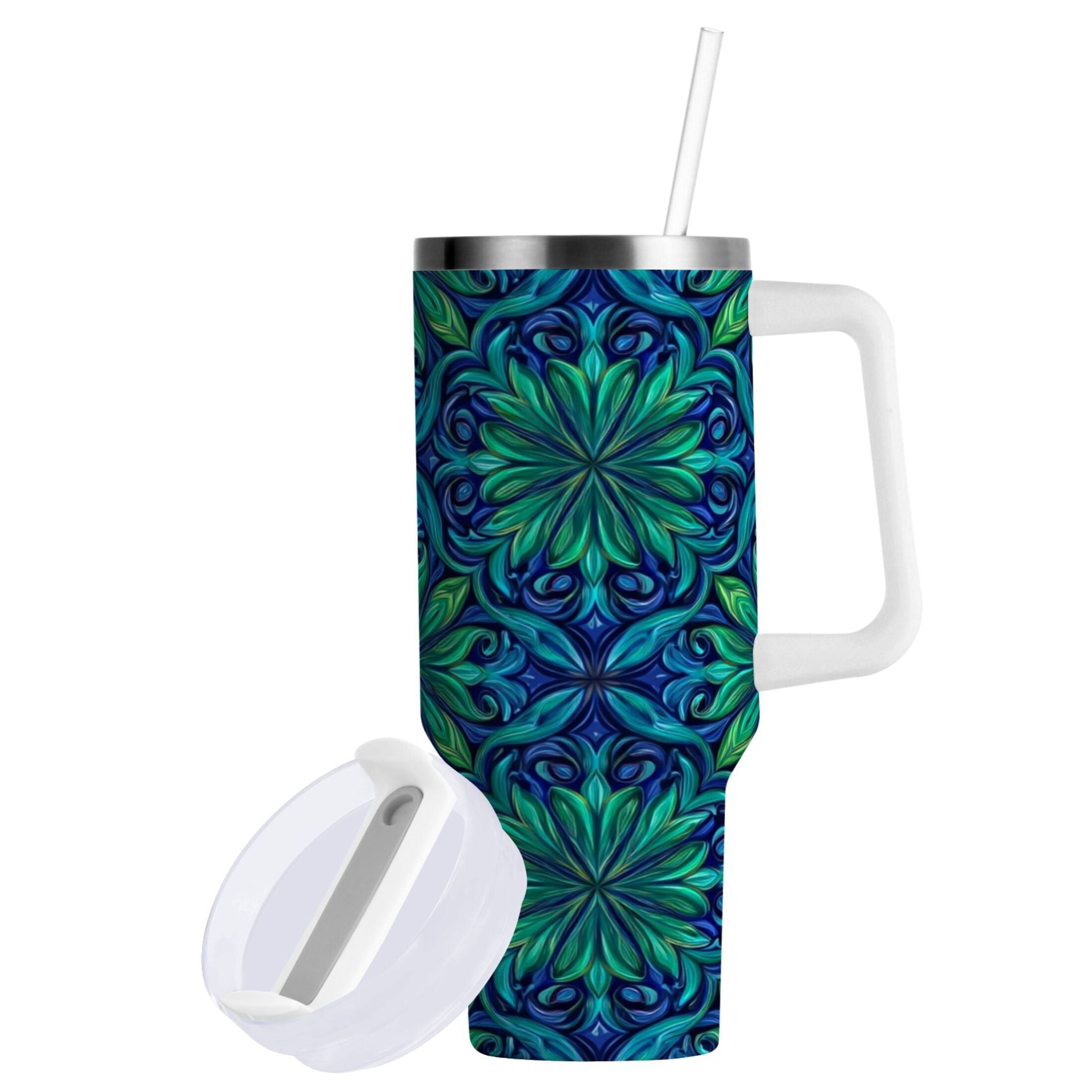 40 oz Insulated Stainless Steel Tumbler Double Wall Stainless Steel Tumbler with 2-Way Drinking Elegant Blue Traditional Patterns Edition-2WG4