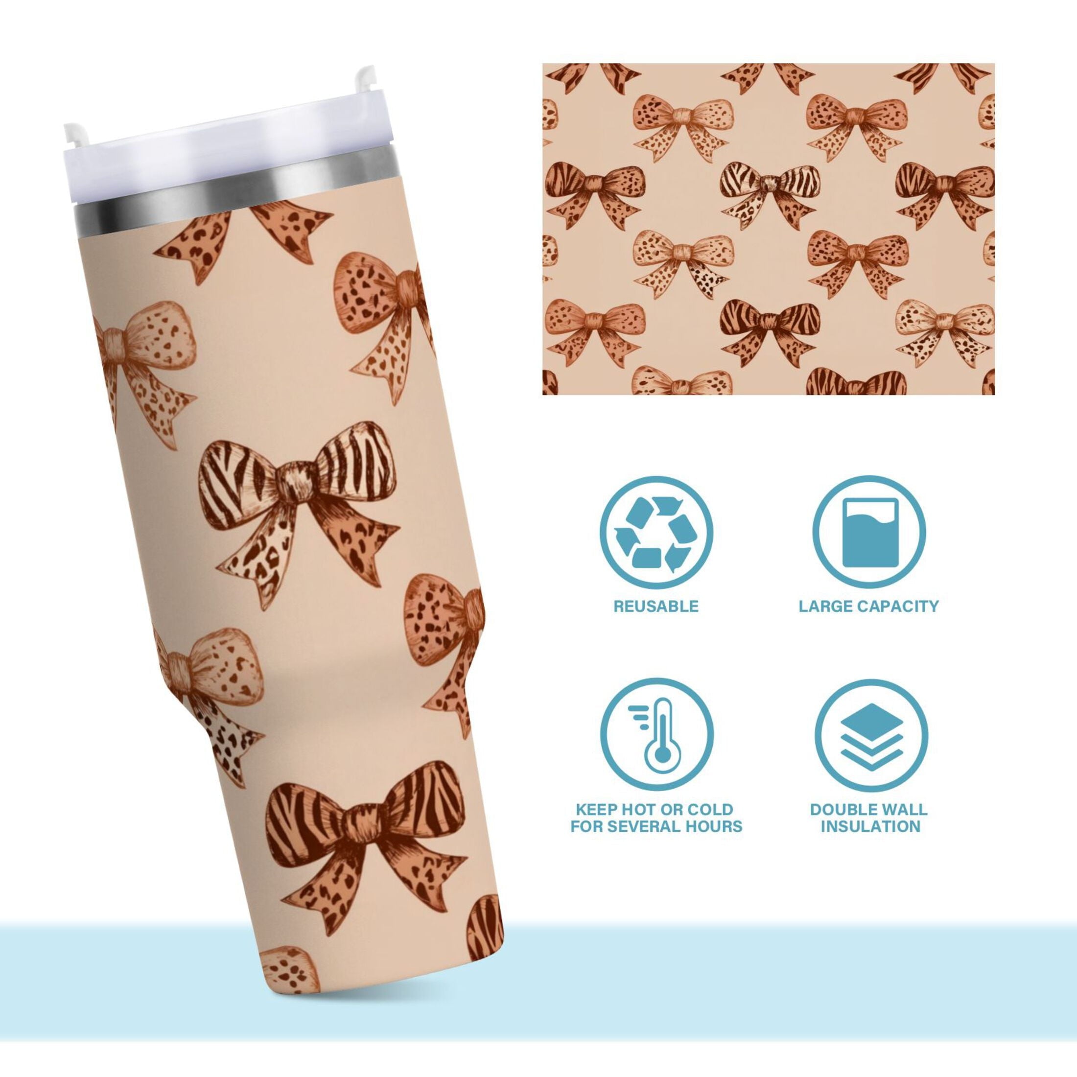 40 oz Insulated Stainless Steel Tumbler Double Wall Stainless Steel Tumbler with 2-Way Drinking Leopard Print Bow Edition-KO3I