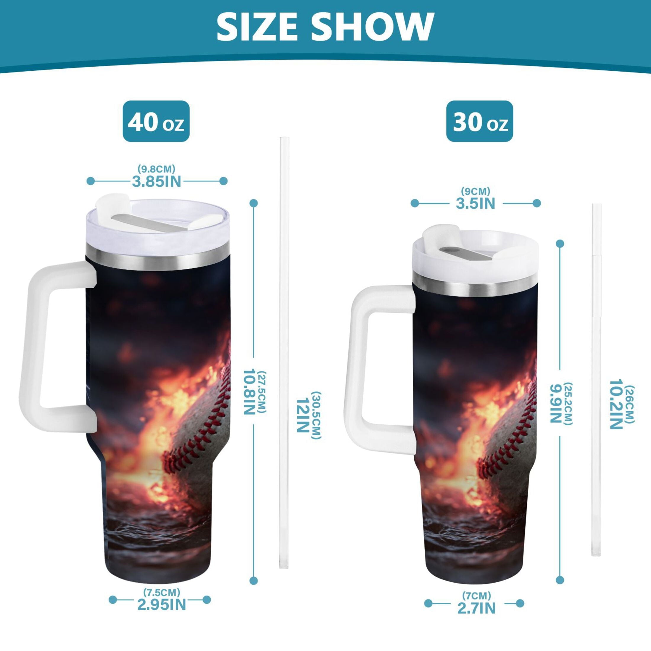 40 oz Insulated Stainless Steel Tumbler Double Wall Stainless Steel Tumbler with 2-Way Drinking Baseball with Water and Fire Edition-EUOP