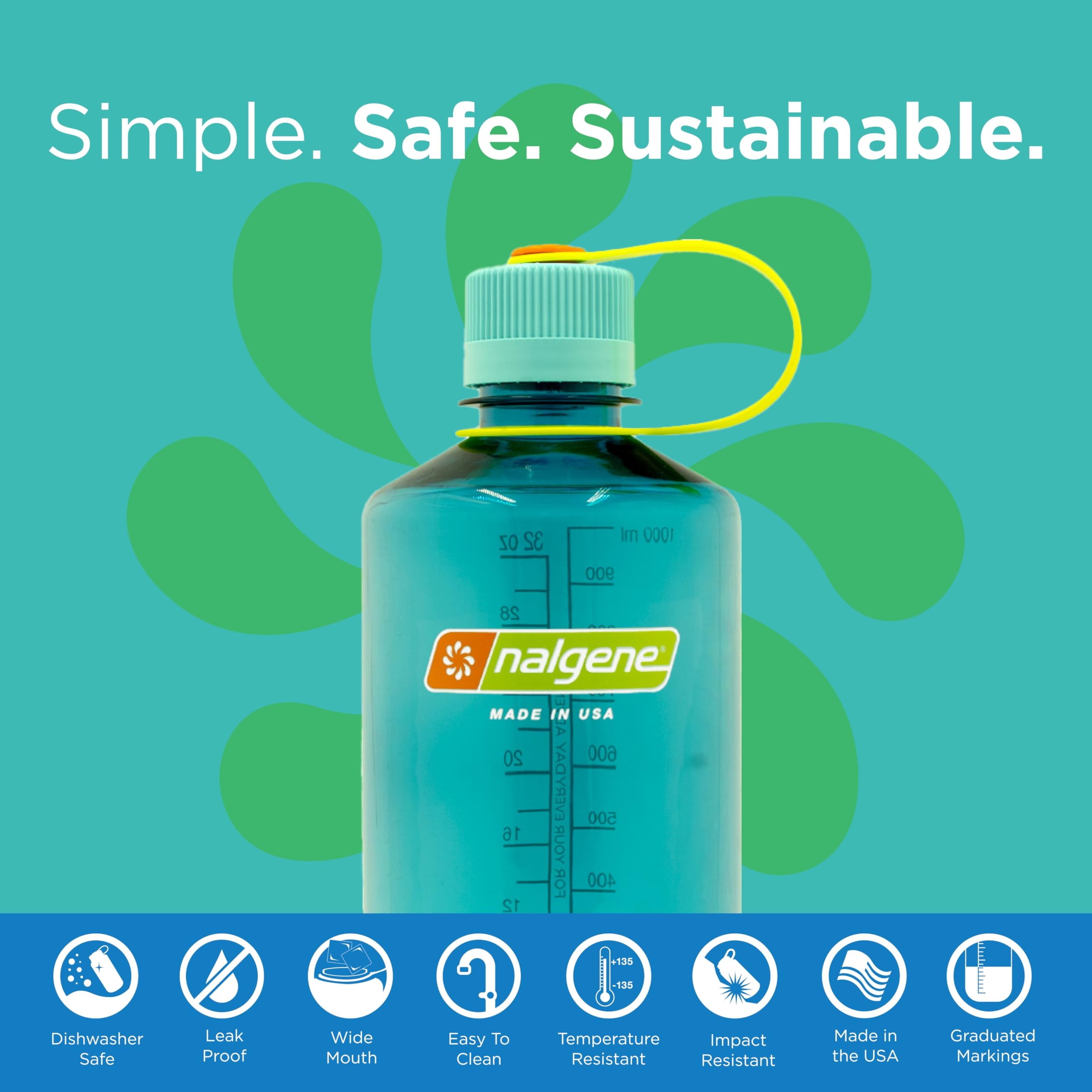 Nalgene Sustain Tritan BPA-Free Water Bottle Made with Material Derived from 50% Plastic Waste (using ISCC certified mass balance), 32 OZ, Narrow Mouth, Cerulean Edition-4WKC