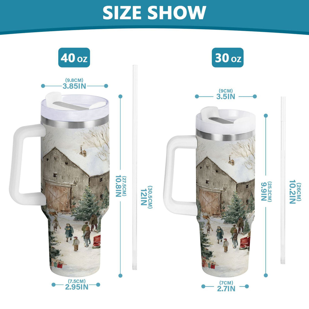 40 oz Insulated Stainless Steel Tumbler Double Wall Stainless Steel Tumbler with 2-Way Drinking Farm Snow Scene Edition-R2SL