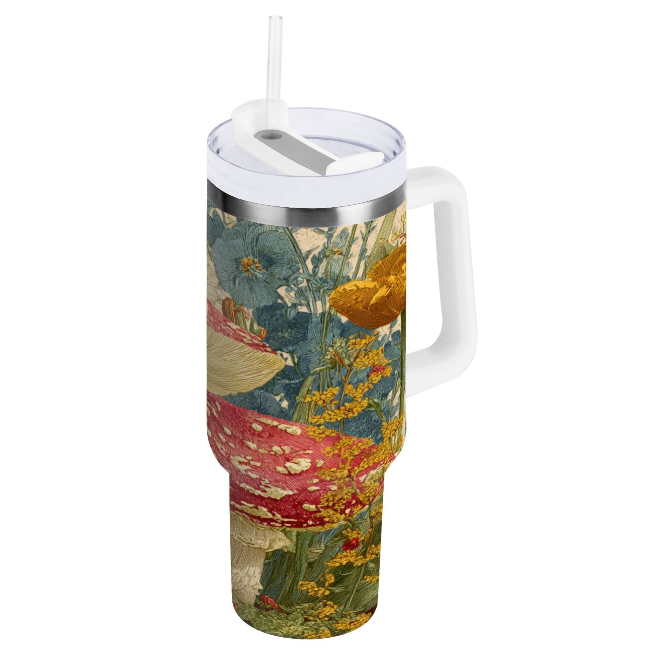 30 oz Insulated Stainless Steel Tumbler Double Wall Stainless Steel Tumbler with 2-Way Drinking Red Mushrooms with Flowers Edition-A8F4