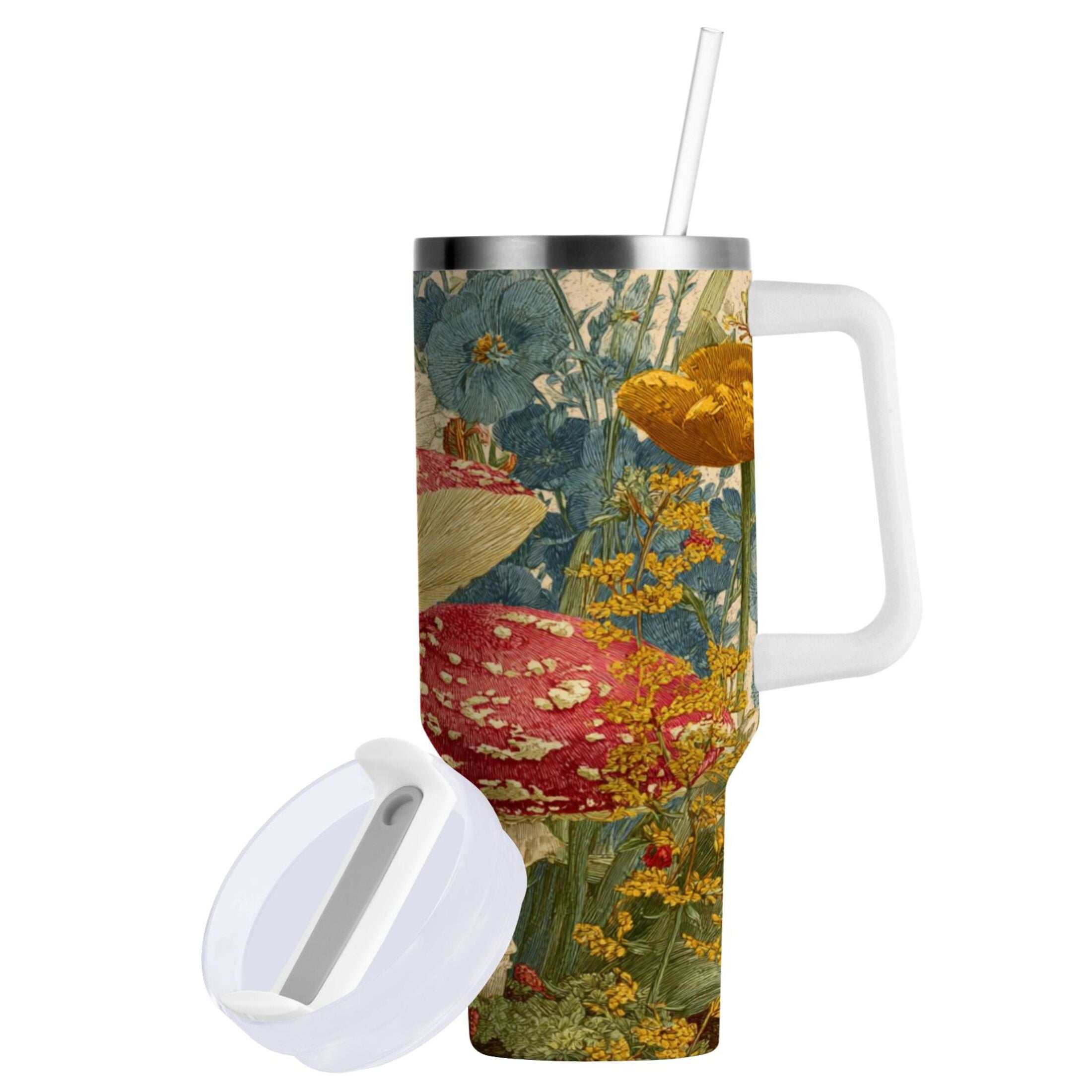 30 oz Insulated Stainless Steel Tumbler Double Wall Stainless Steel Tumbler with 2-Way Drinking Red Mushrooms with Flowers Edition-A8F4