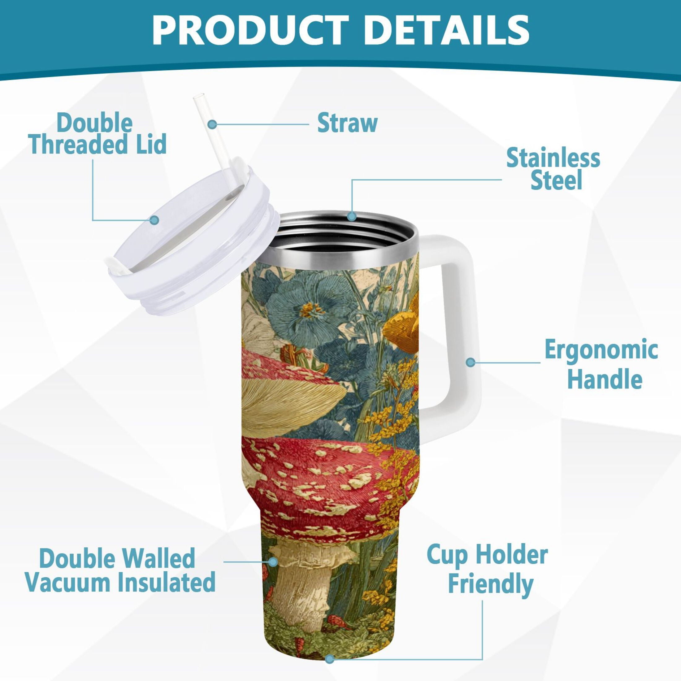 30 oz Insulated Stainless Steel Tumbler Double Wall Stainless Steel Tumbler with 2-Way Drinking Red Mushrooms with Flowers Edition-A8F4