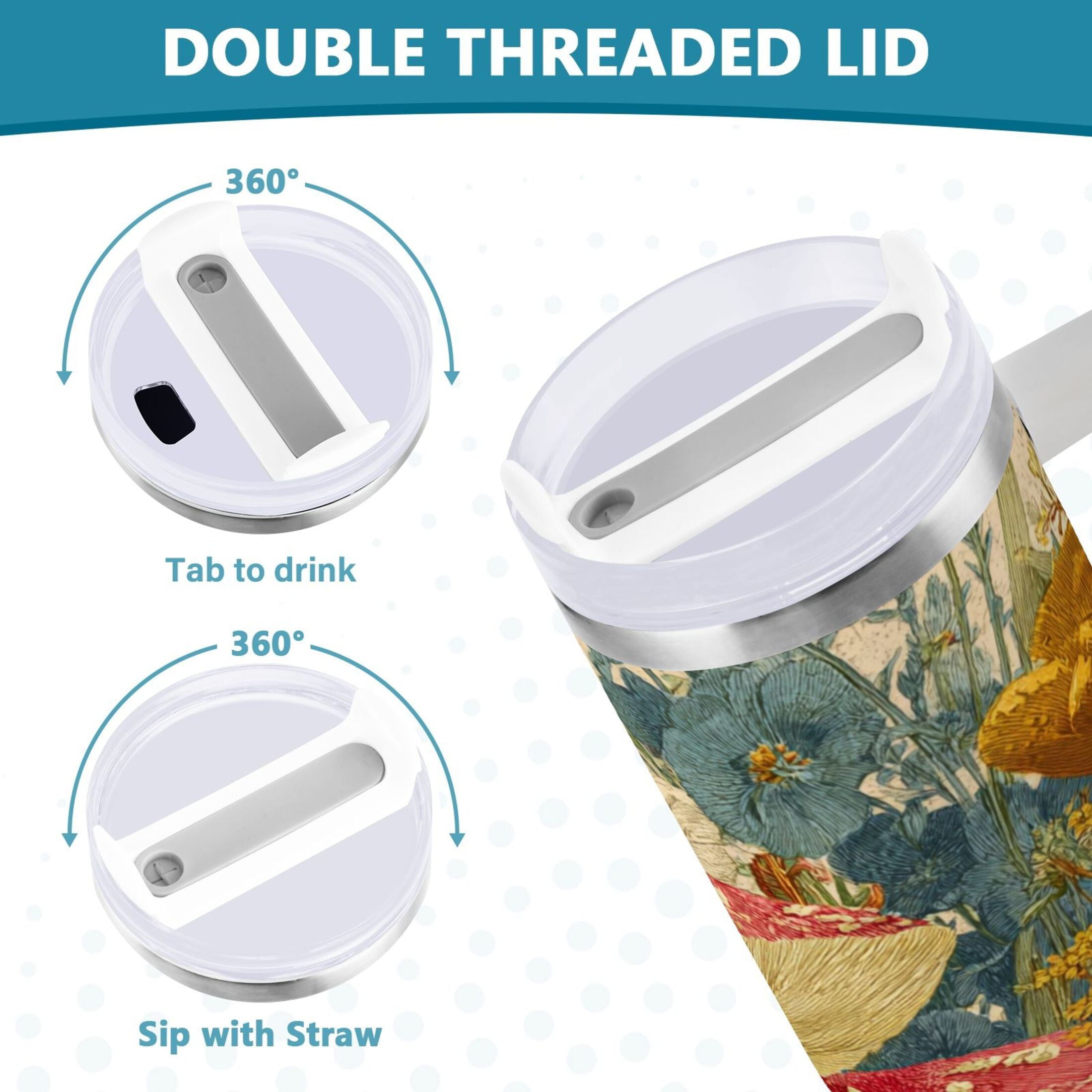 30 oz Insulated Stainless Steel Tumbler Double Wall Stainless Steel Tumbler with 2-Way Drinking Red Mushrooms with Flowers Edition-A8F4