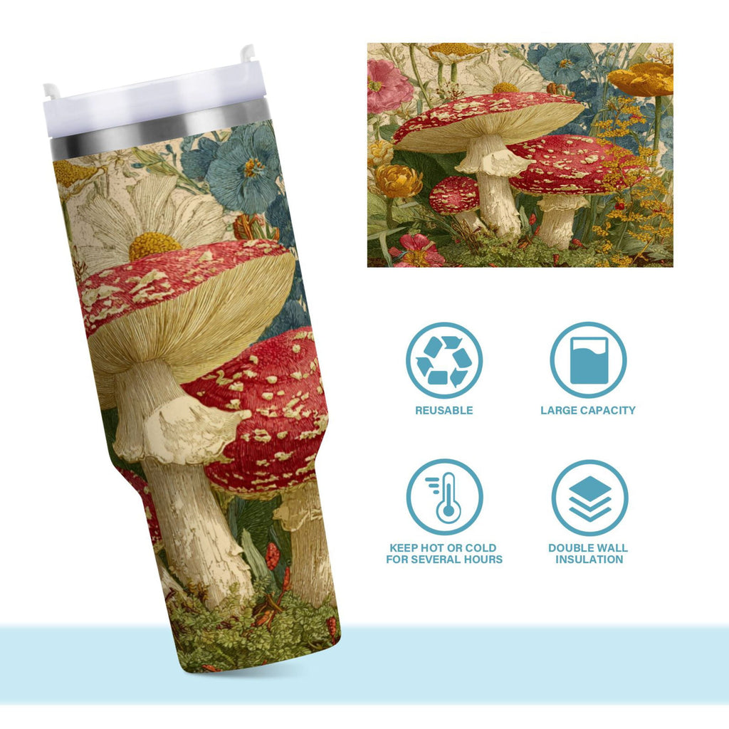 30 oz Insulated Stainless Steel Tumbler Double Wall Stainless Steel Tumbler with 2-Way Drinking Red Mushrooms with Flowers Edition-A8F4
