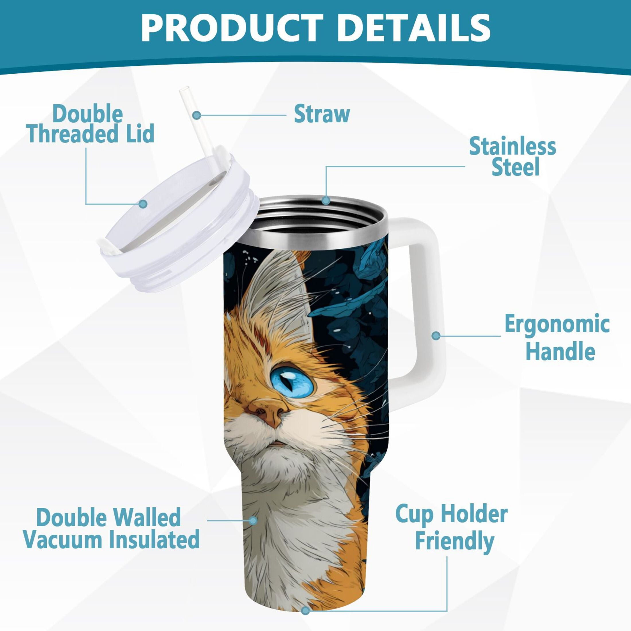 30 oz Insulated Stainless Steel Tumbler Double Wall Stainless Steel Tumbler with 2-Way Drinking Orange Cat with Blue Eyes Edition-Y7S0