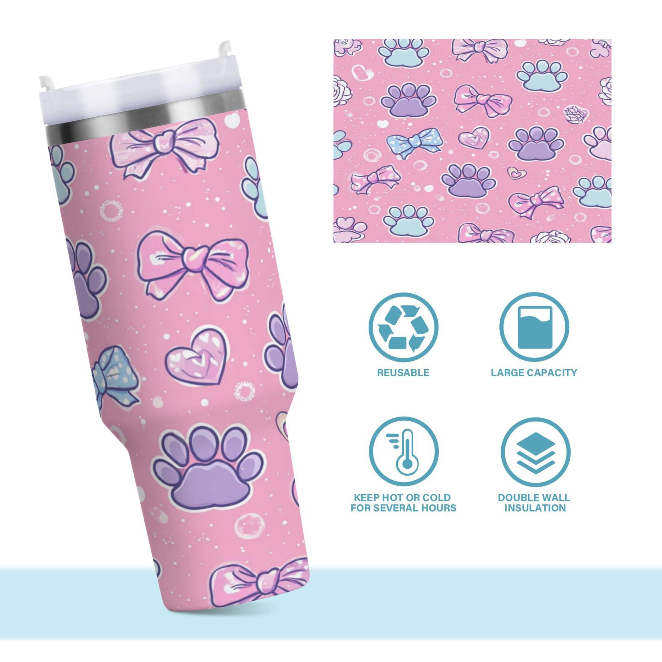 30 oz Insulated Stainless Steel Tumbler Double Wall Stainless Steel Tumbler with 2-Way Drinking Dog Paw Prints and Bows Edition-IJEB