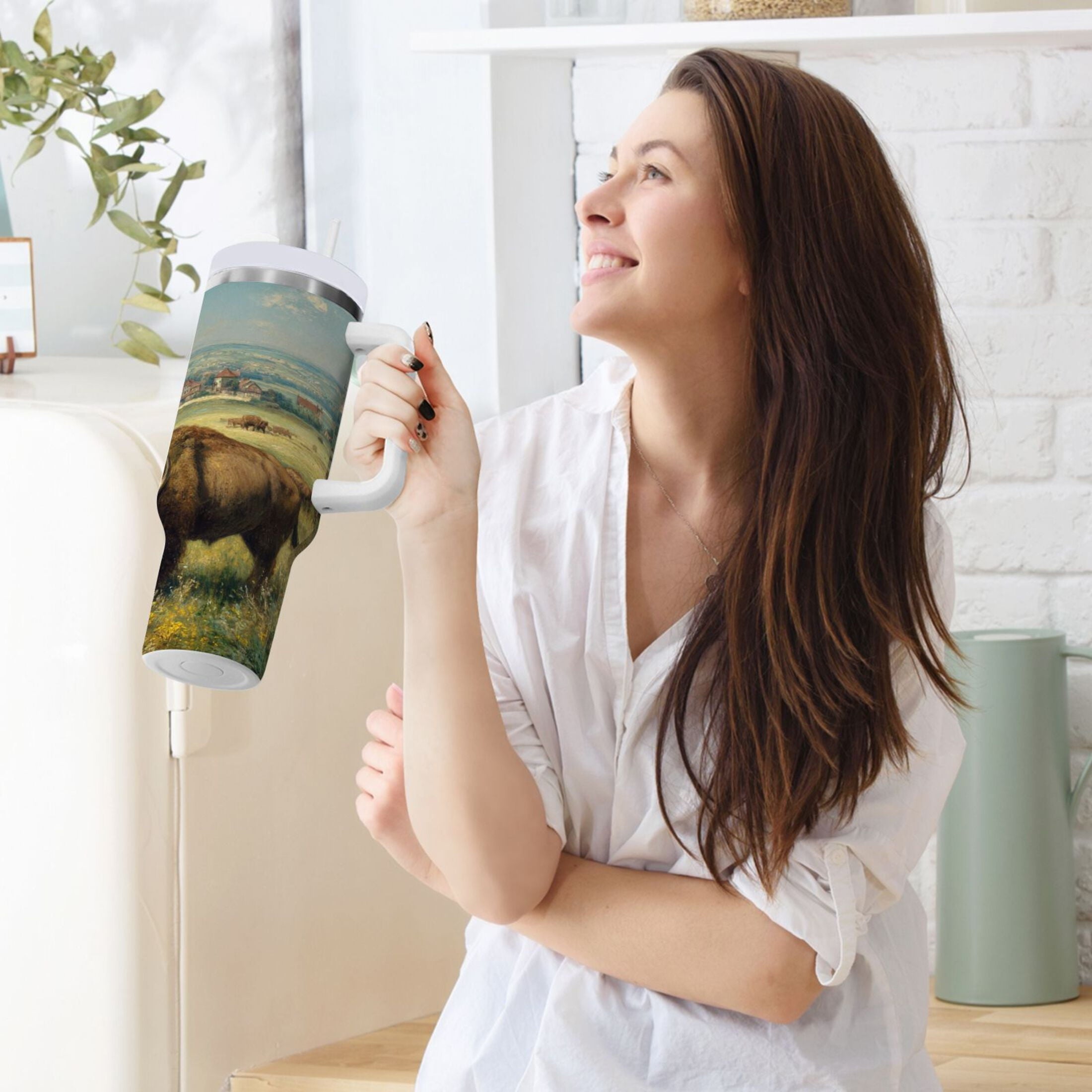 30 oz Insulated Stainless Steel Tumbler Double Wall Stainless Steel Tumbler with 2-Way Drinking Buffalo Herd Oil Painting Edition-SWI2