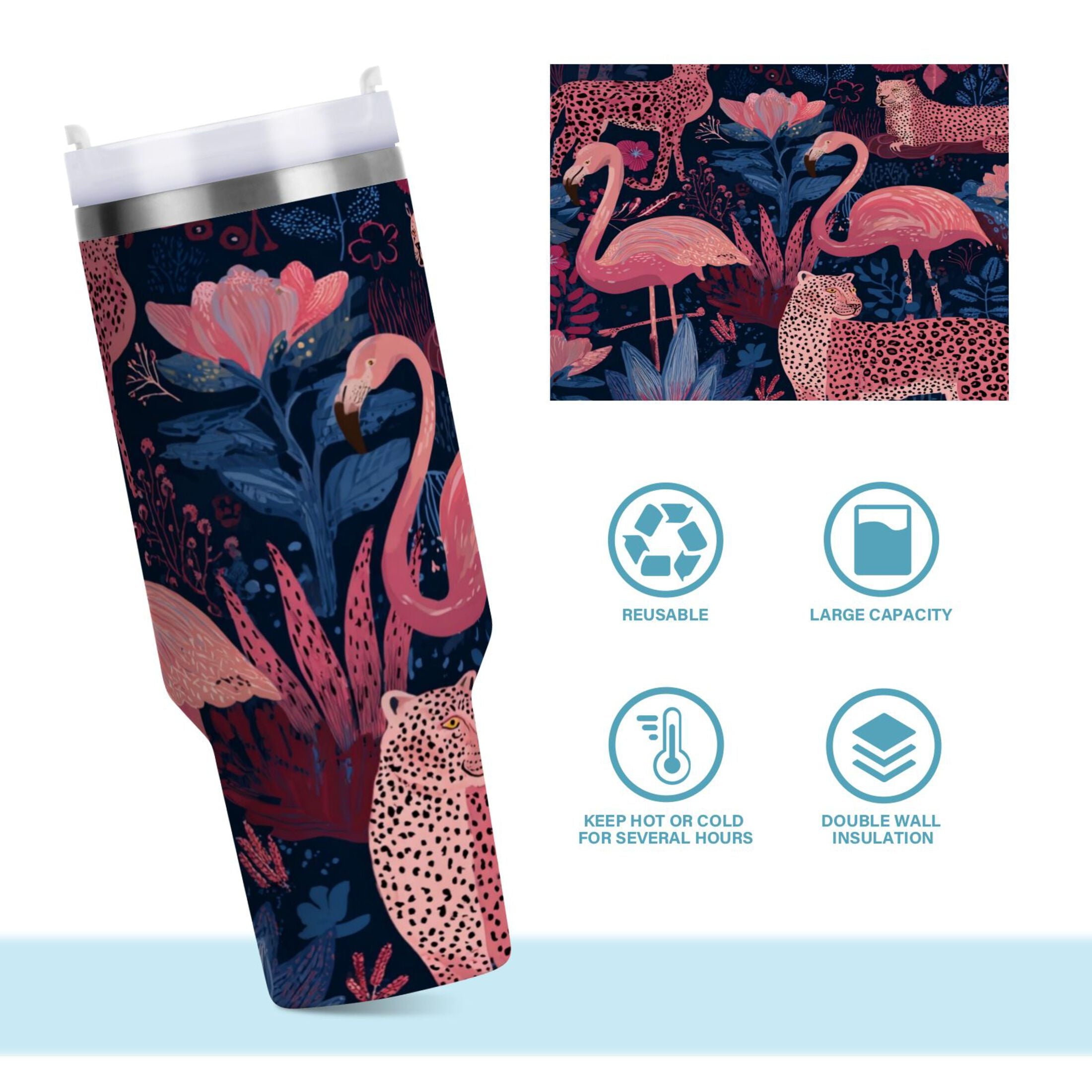 30 oz Insulated Stainless Steel Tumbler Double Wall Stainless Steel Tumbler with 2-Way Drinking Flamingos and Leopard Print Edition-LP8S