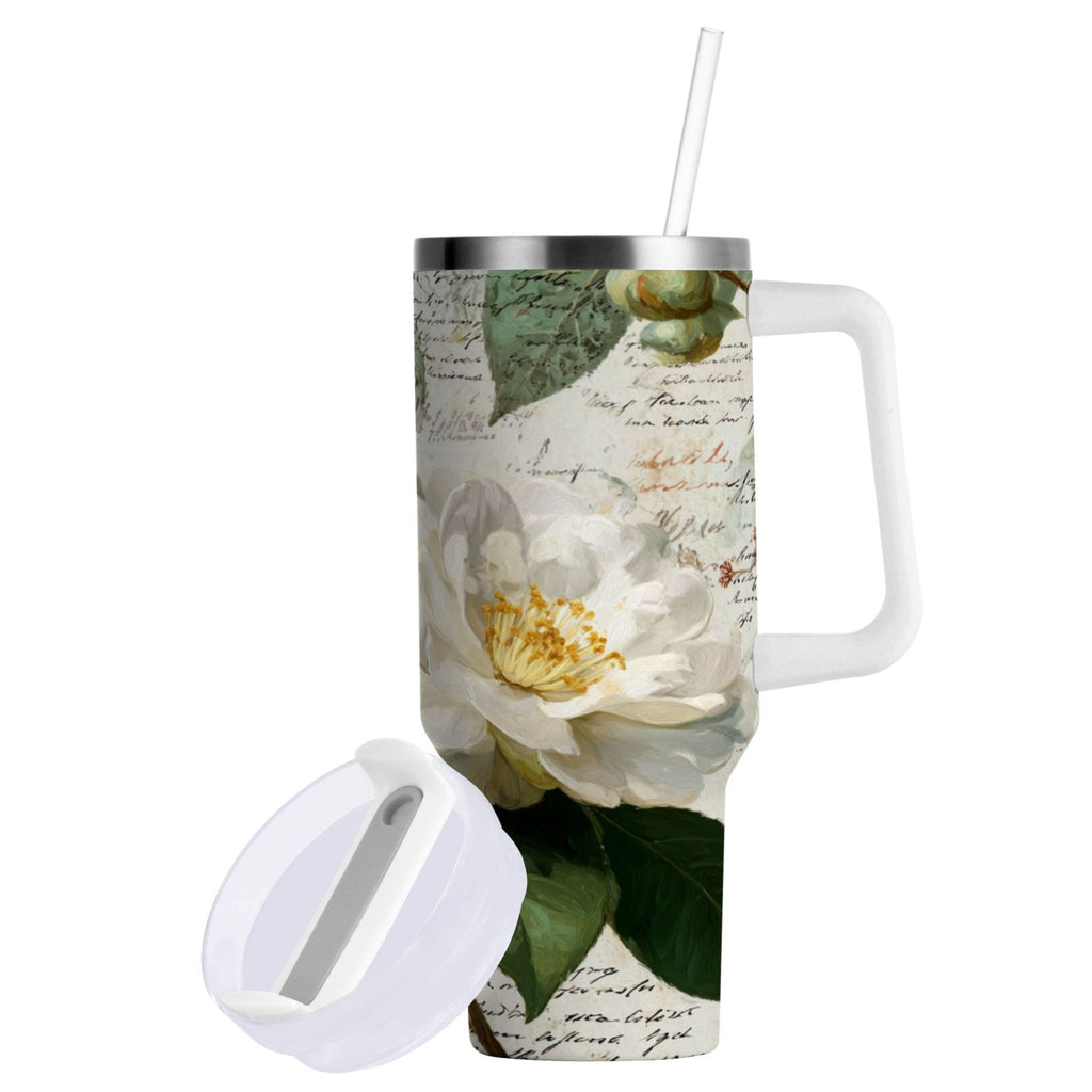 40 oz Insulated Stainless Steel Tumbler Double Wall Stainless Steel Tumbler with 2-Way Drinking Vintage White Camellias Edition-GF37