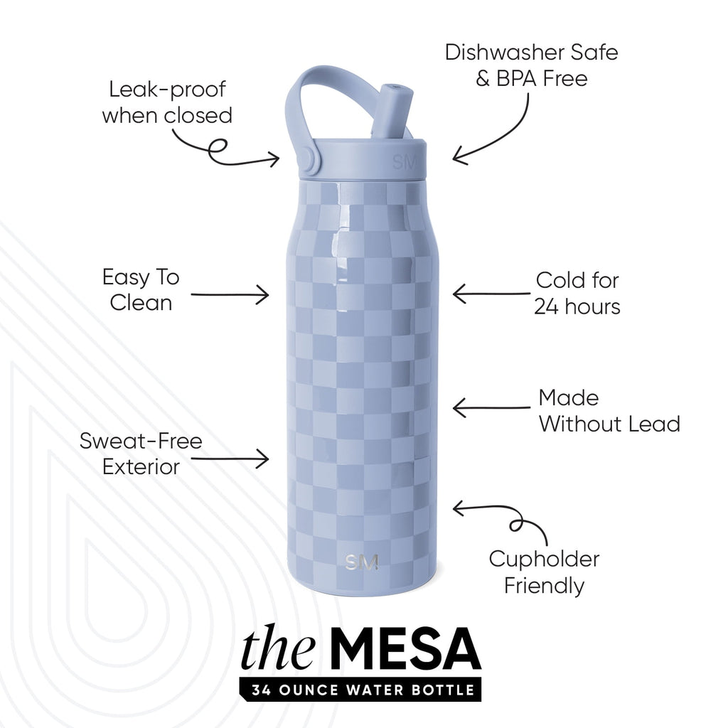 Simple Modern 34 fl oz Insulated Stainless Steel Mesa Wide Mouth Water Bottle with Handle and Push Button Straw Lid | Mystifying Blue Checkmate Edition-YYSP