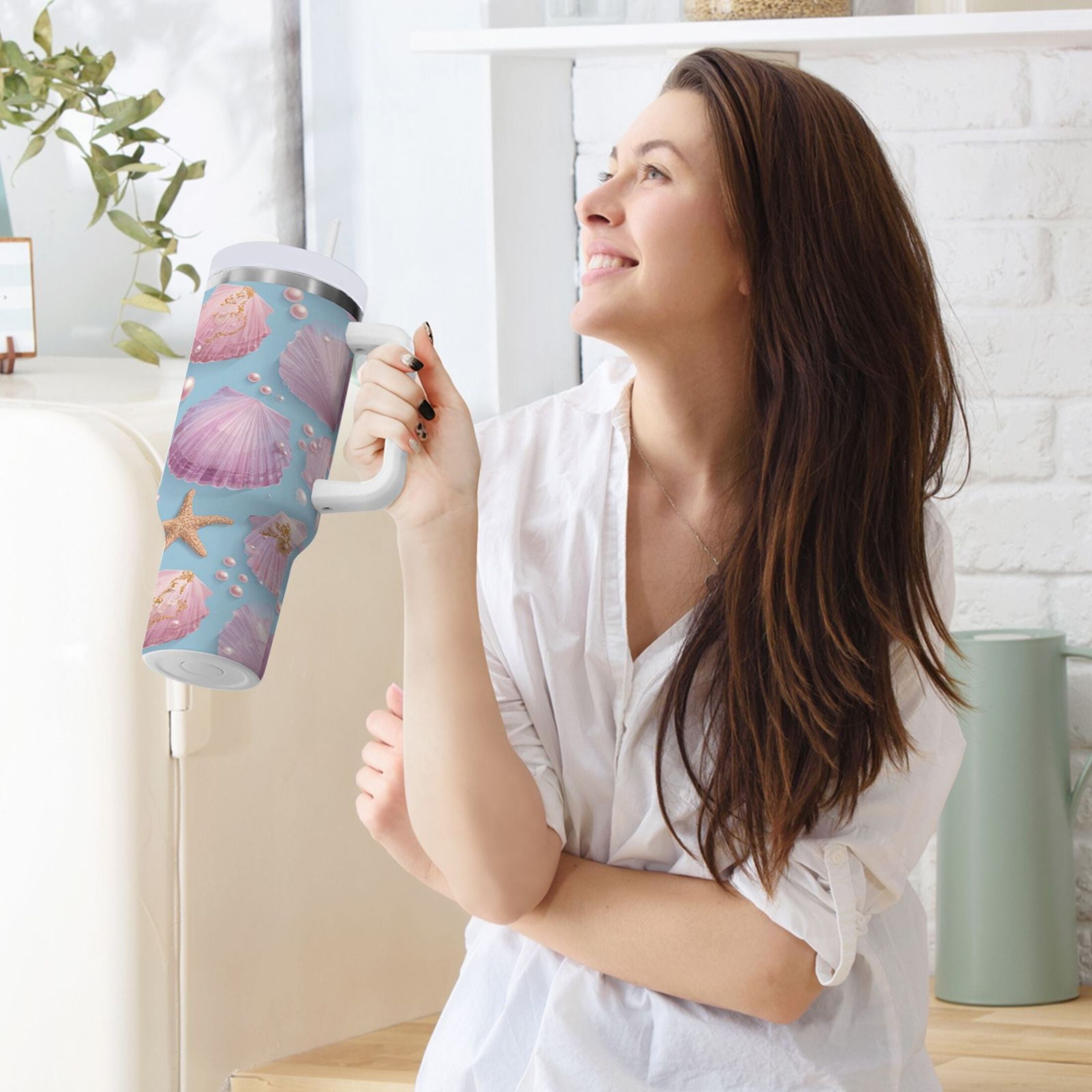 40 oz Insulated Stainless Steel Tumbler Double Wall Stainless Steel Tumbler with 2-Way Drinking Seashells and Pearls Pattern Edition-EKJY
