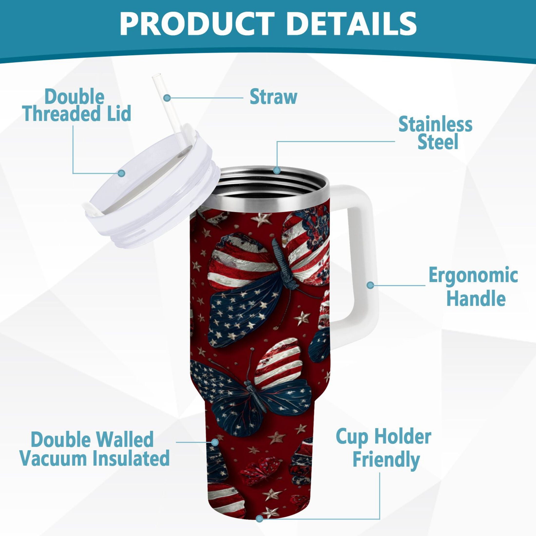 40 oz Insulated Stainless Steel Tumbler Double Wall Stainless Steel Tumbler with 2-Way Drinking Butterfly with National Flag Edition-VBHJ