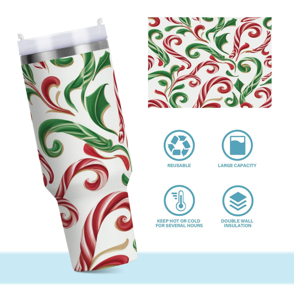 40 oz Insulated Stainless Steel Tumbler Double Wall Stainless Steel Tumbler with 2-Way Drinking Red and Green Candy-cane Edition-NQAK