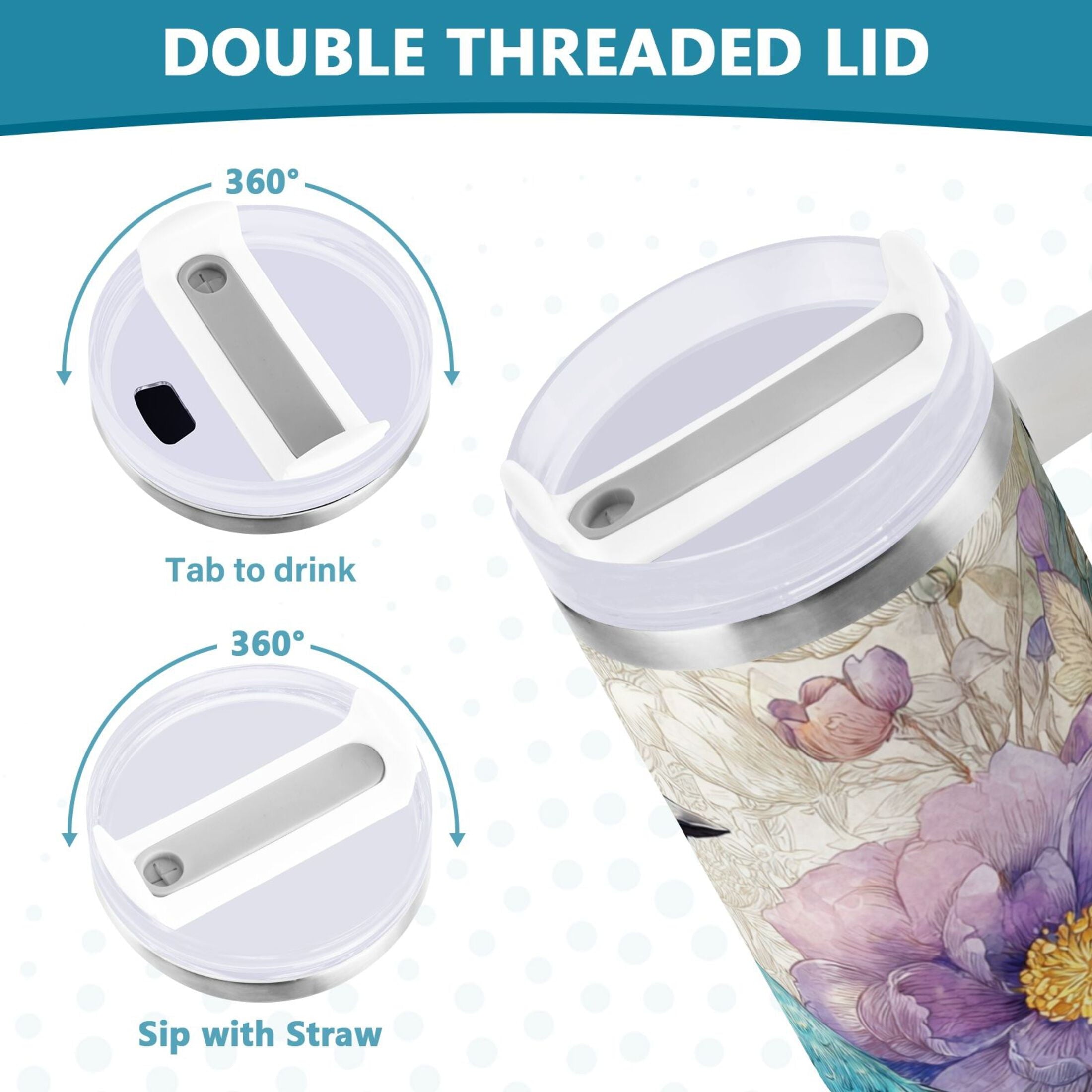 30 oz Insulated Stainless Steel Tumbler Double Wall Stainless Steel Tumbler with 2-Way Drinking Bluebird and Flower Edition-Q4FO