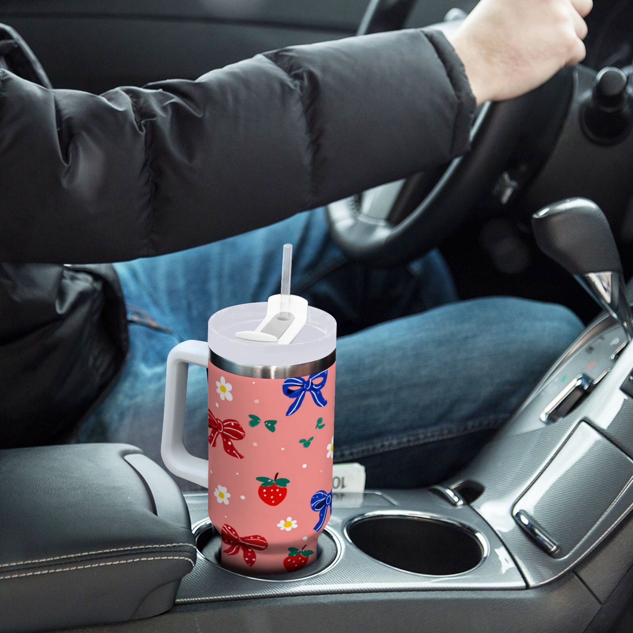 40 oz Insulated Stainless Steel Tumbler Double Wall Stainless Steel Tumbler with 2-Way Drinking Bows and Strawberries Pattern Edition-ZS7F