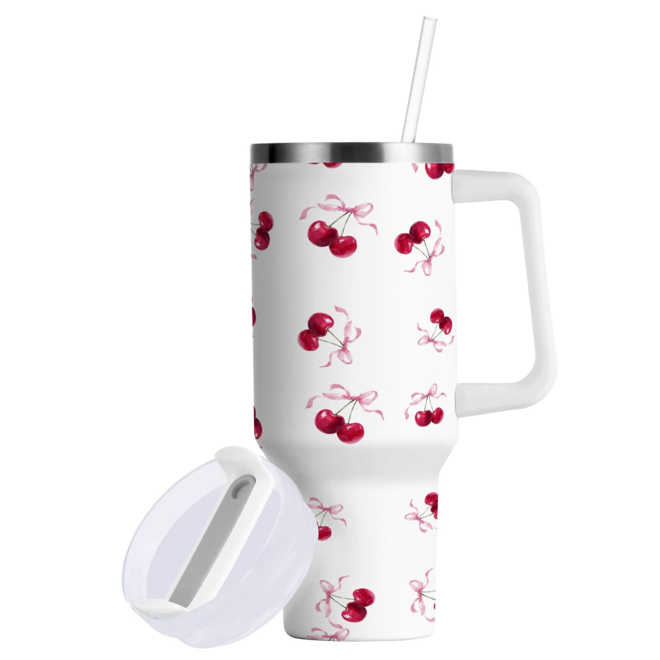 30 oz Insulated Stainless Steel Tumbler Double Wall Stainless Steel Tumbler with 2-Way Drinking Watercolor Cherries Pattern Edition-CFP1