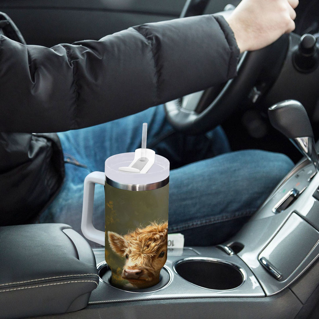 40 oz Insulated Stainless Steel Tumbler Double Wall Stainless Steel Tumbler with 2-Way Drinking Cow Lying in Sunflowers Edition-L9HL