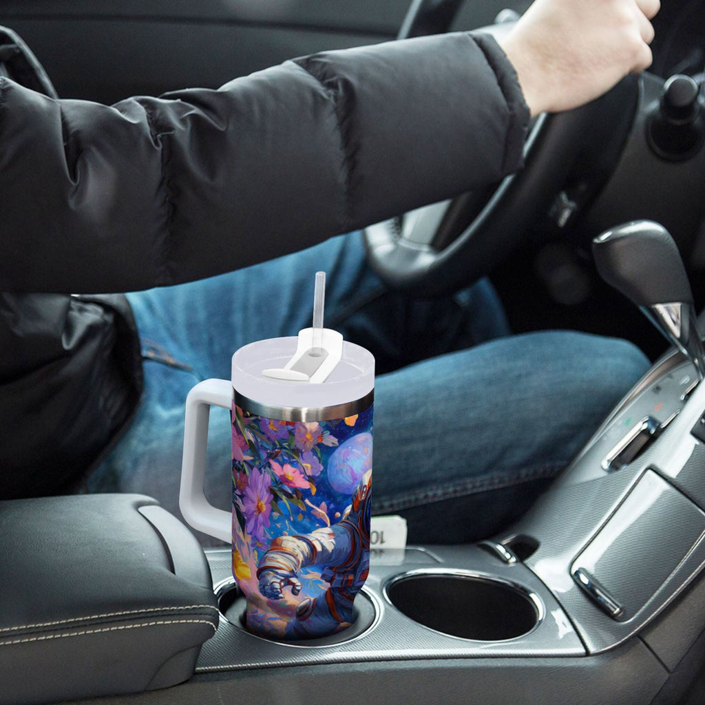 40 oz Insulated Stainless Steel Tumbler Double Wall Stainless Steel Tumbler with 2-Way Drinking Astronaut and Colorful Flowers Edition-L6AF