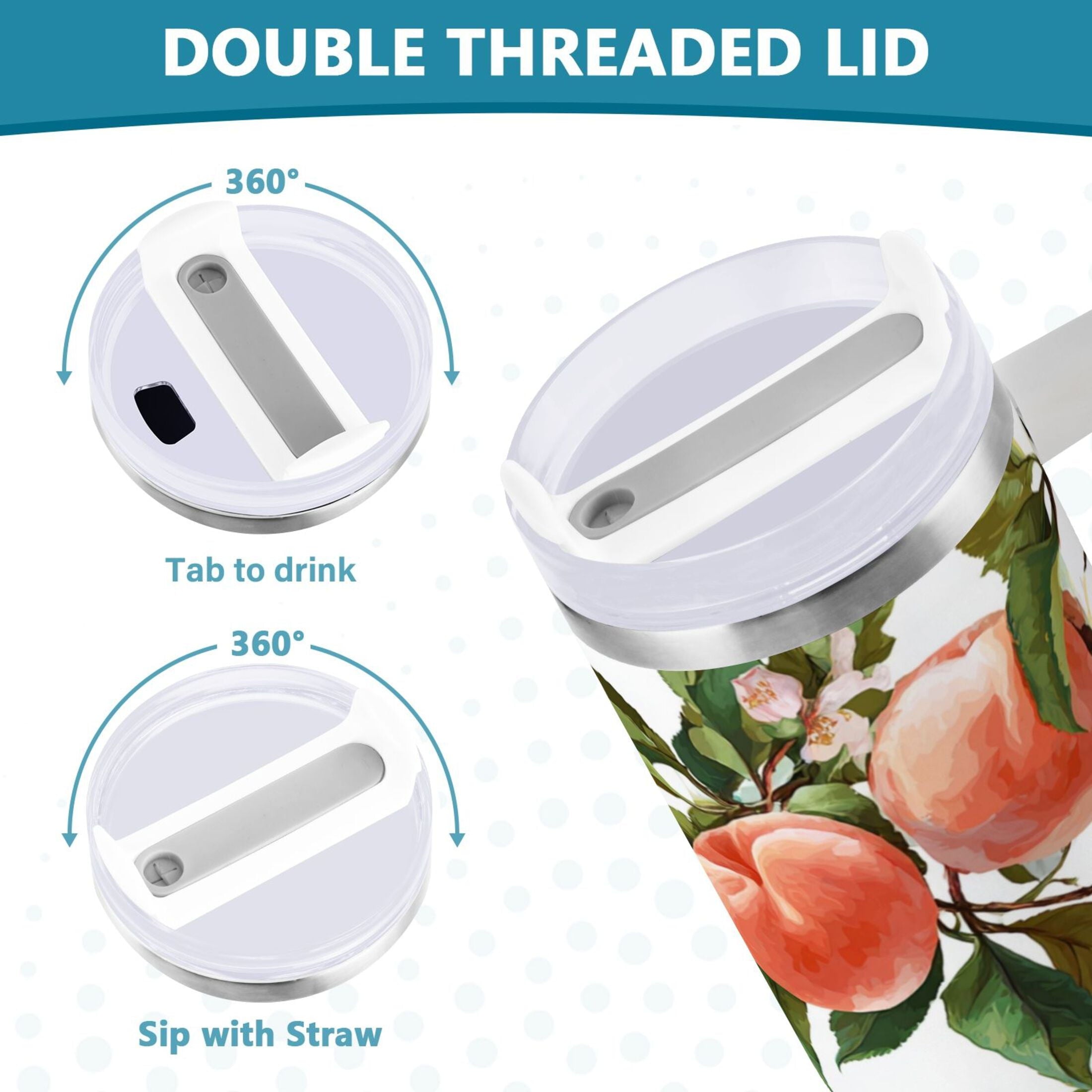 30 oz Insulated Stainless Steel Tumbler Double Wall Stainless Steel Tumbler with 2-Way Drinking Peach Fruit Pattern Edition-M2ZA