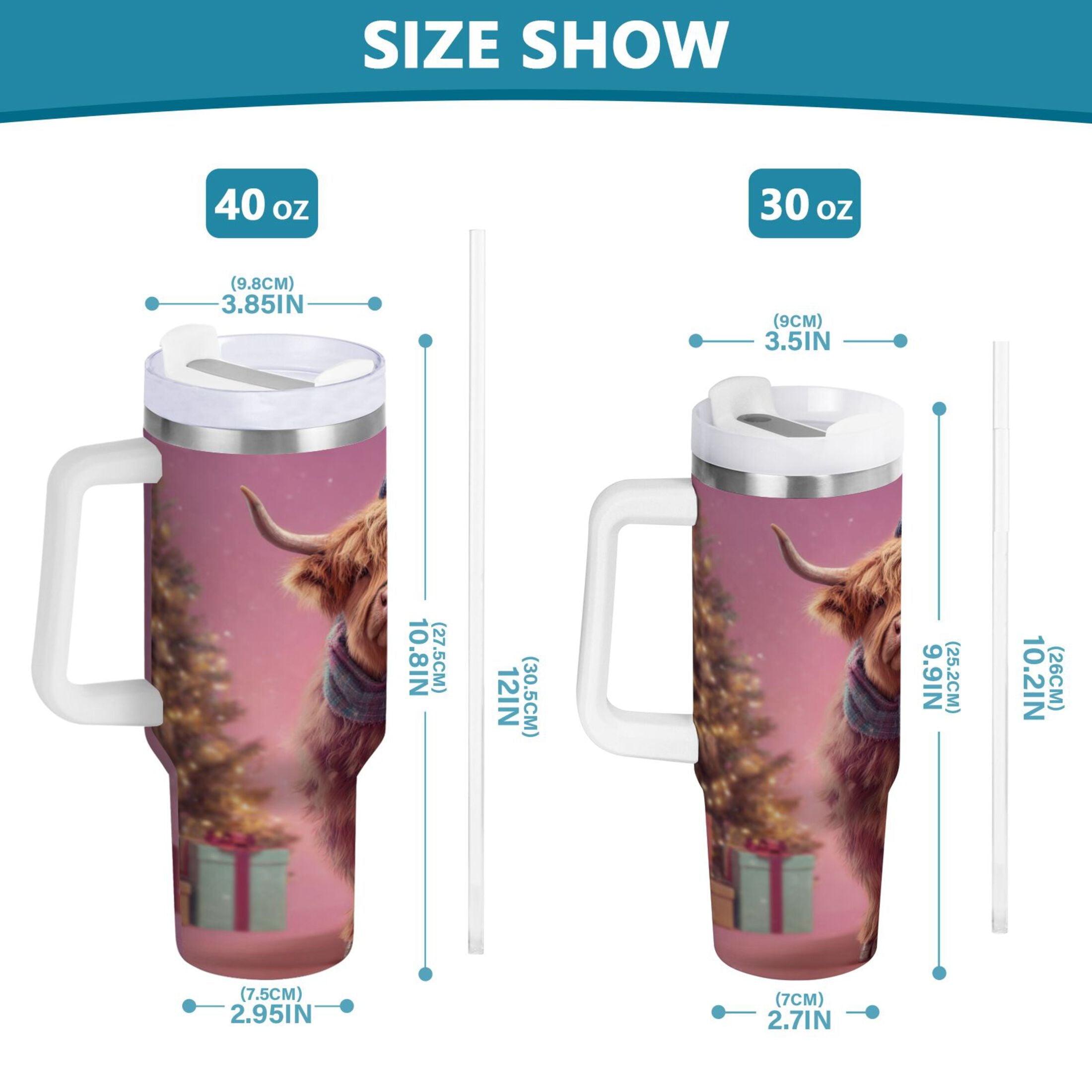 30 oz Insulated Stainless Steel Tumbler Double Wall Stainless Steel Tumbler with 2-Way Drinking Cow Wearing Christmas Edition-I5YN
